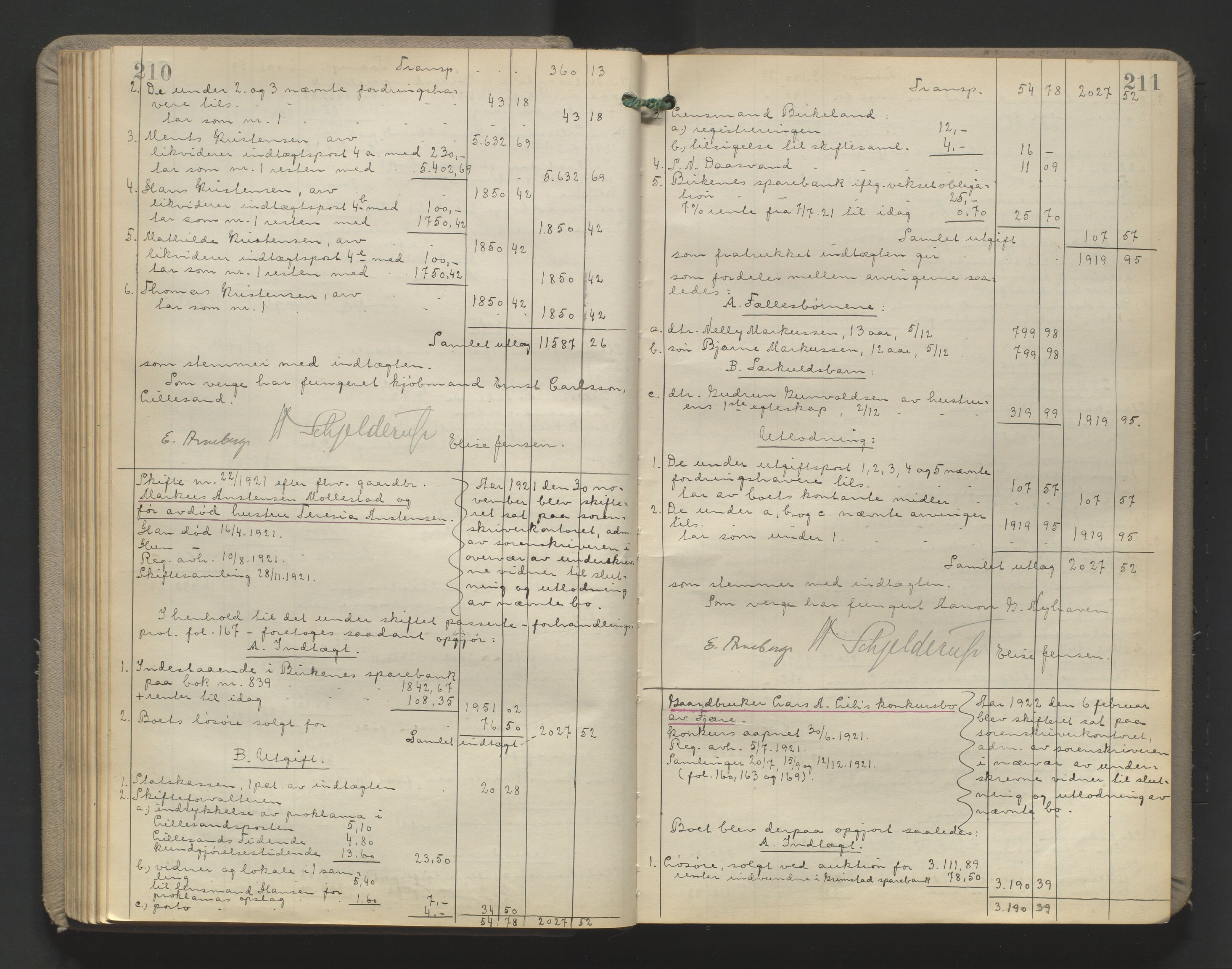 Vestre Nedenes/Sand sorenskriveri, AV/SAK-1221-0010/H/Hc/L0022: Skifteutlodningsprotokoll nr. 9, 1919-1932, p. 210-211