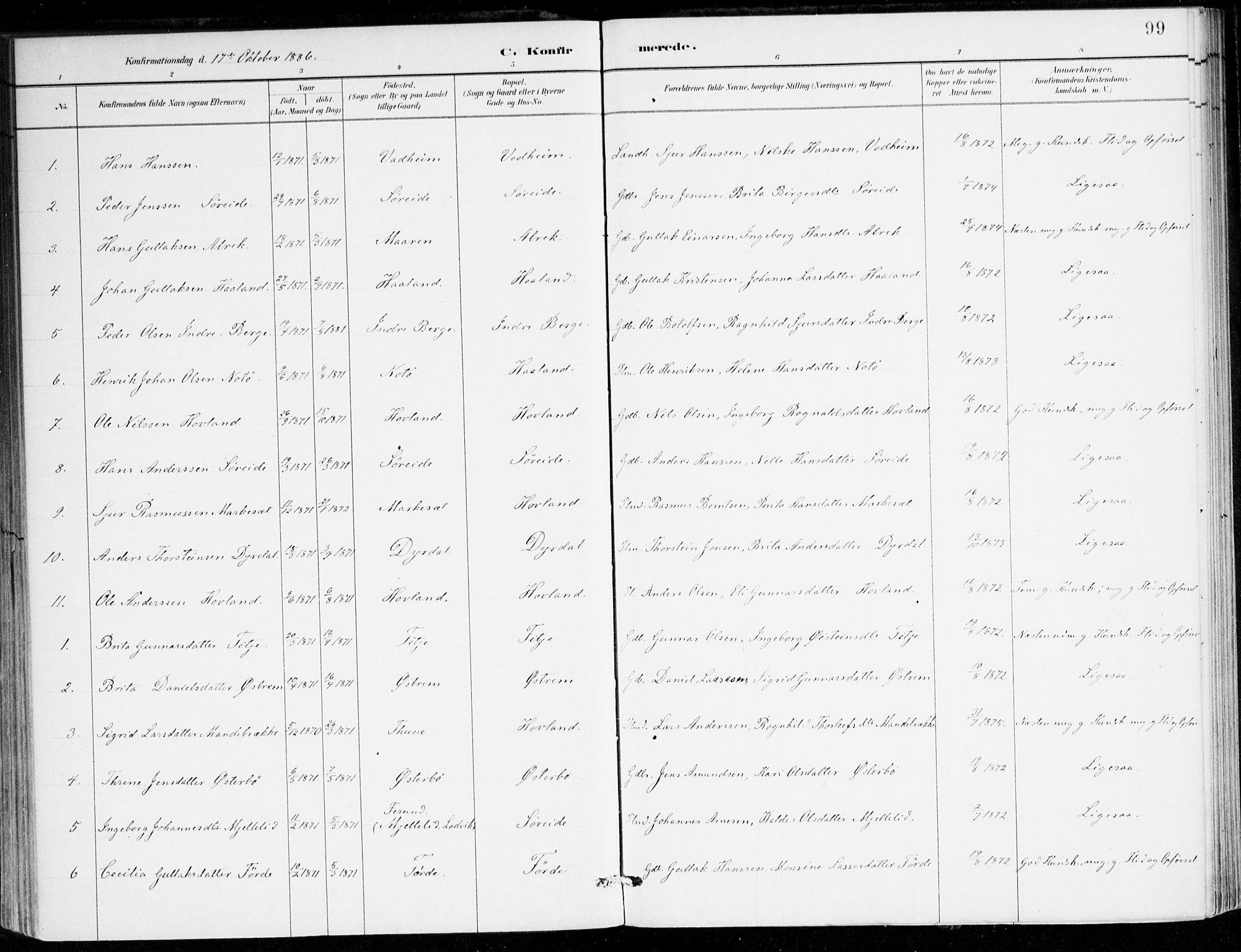 Lavik sokneprestembete, AV/SAB-A-80901: Parish register (official) no. C 1, 1882-1904, p. 99