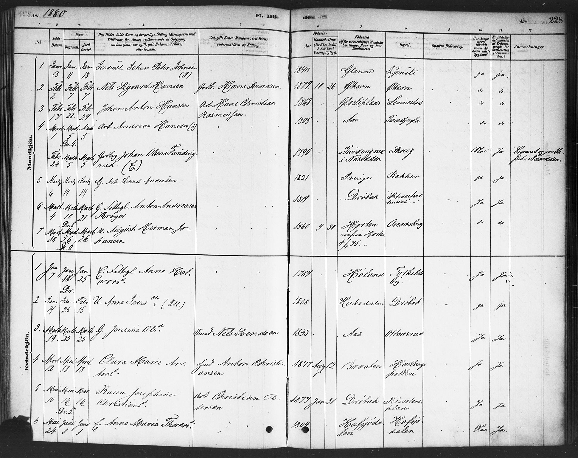 Drøbak prestekontor Kirkebøker, SAO/A-10142a/F/Fc/L0002: Parish register (official) no. III 2, 1878-1891, p. 228