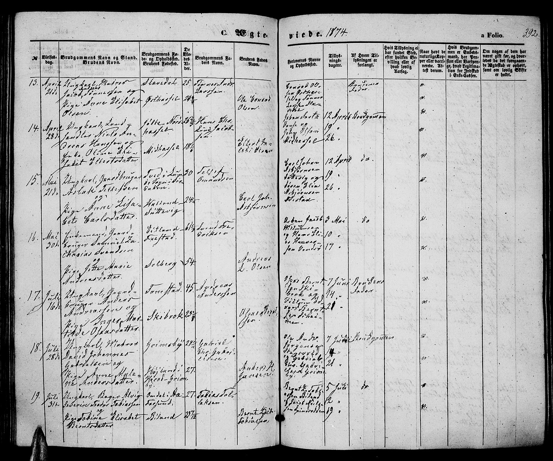 Lista sokneprestkontor, AV/SAK-1111-0027/F/Fb/L0003: Parish register (copy) no. B 3, 1862-1877, p. 392