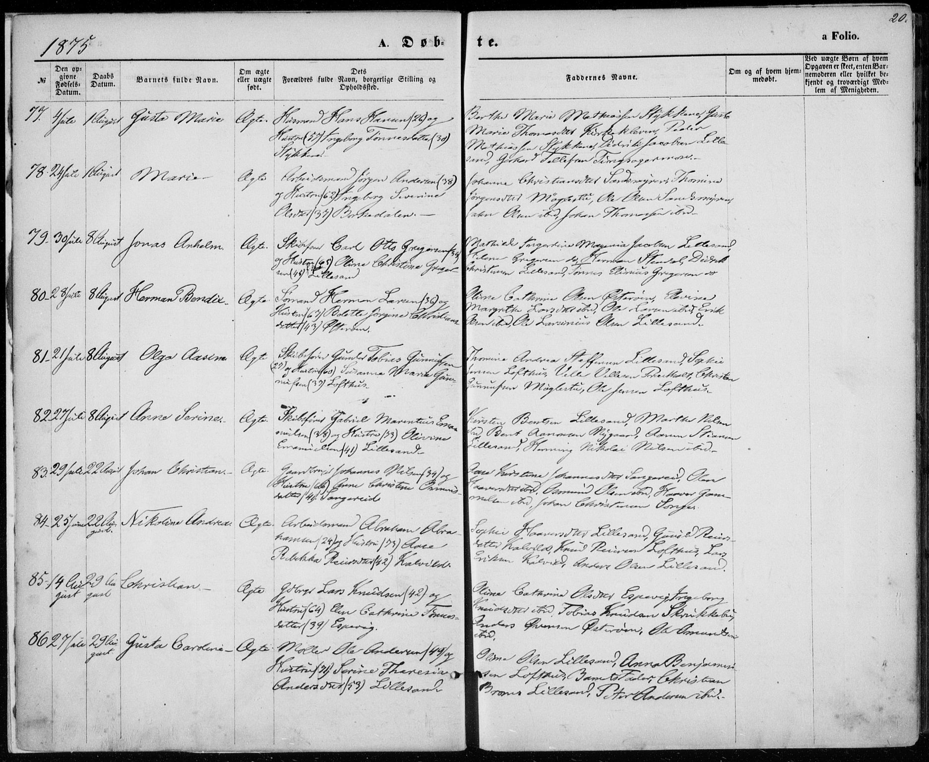 Vestre Moland sokneprestkontor, AV/SAK-1111-0046/F/Fa/Fab/L0008: Parish register (official) no. A 8, 1873-1883, p. 20