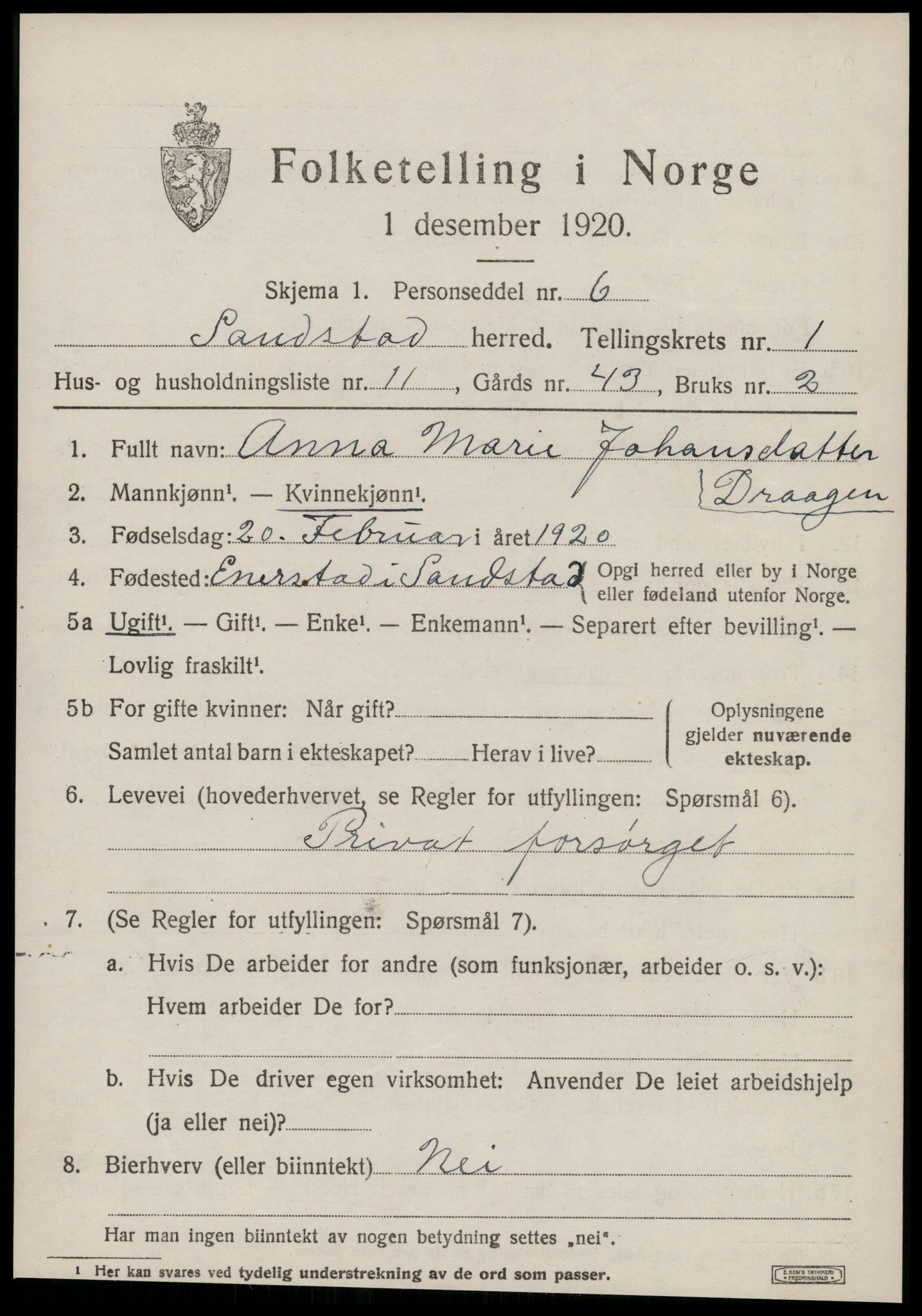 SAT, 1920 census for Sandstad, 1920, p. 525