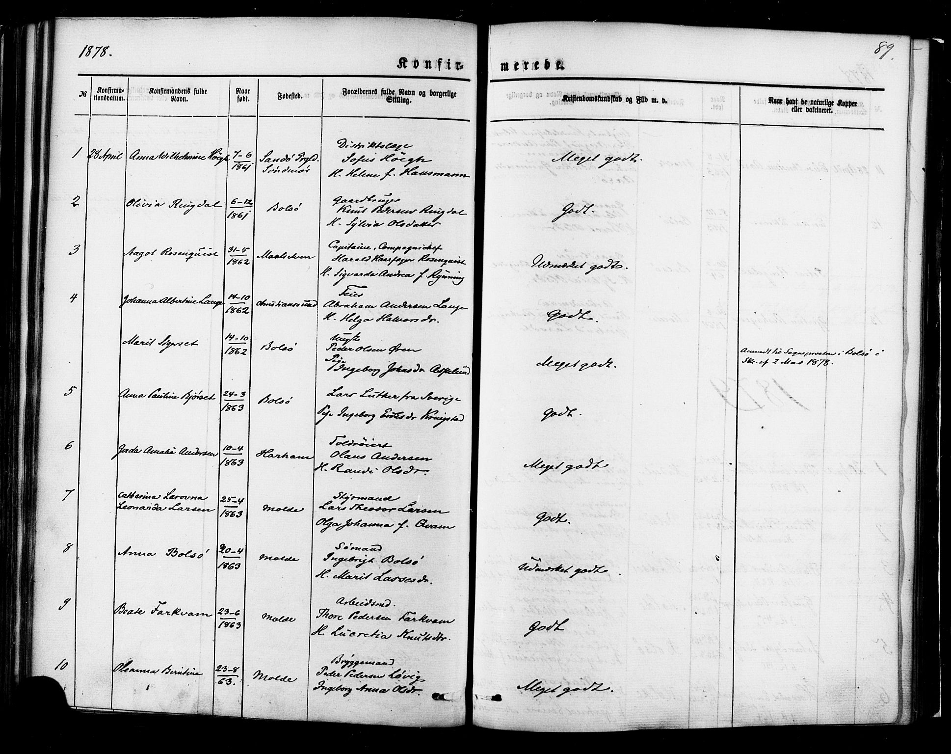 Ministerialprotokoller, klokkerbøker og fødselsregistre - Møre og Romsdal, AV/SAT-A-1454/558/L0691: Parish register (official) no. 558A05, 1873-1886, p. 89