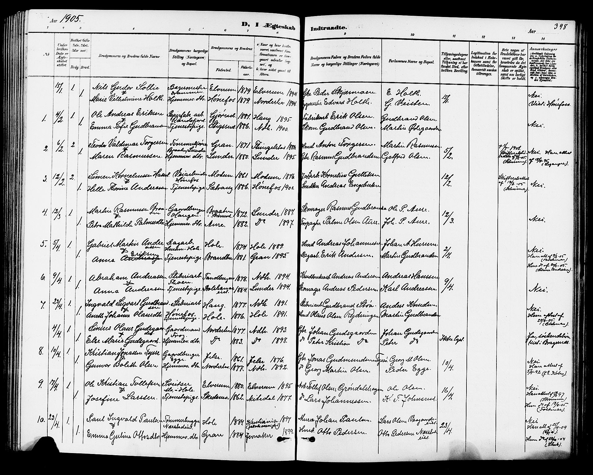 Norderhov kirkebøker, AV/SAKO-A-237/G/Ga/L0008: Parish register (copy) no. I 8, 1887-1912, p. 398