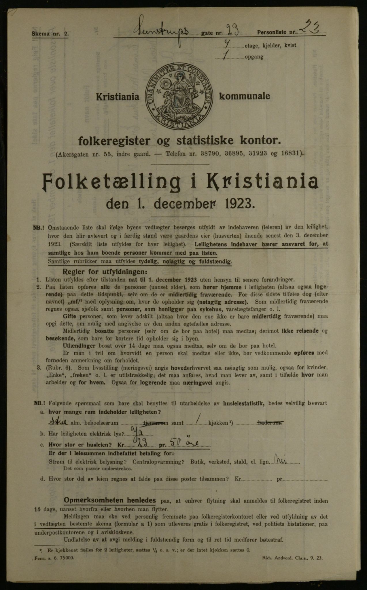 OBA, Municipal Census 1923 for Kristiania, 1923, p. 112007