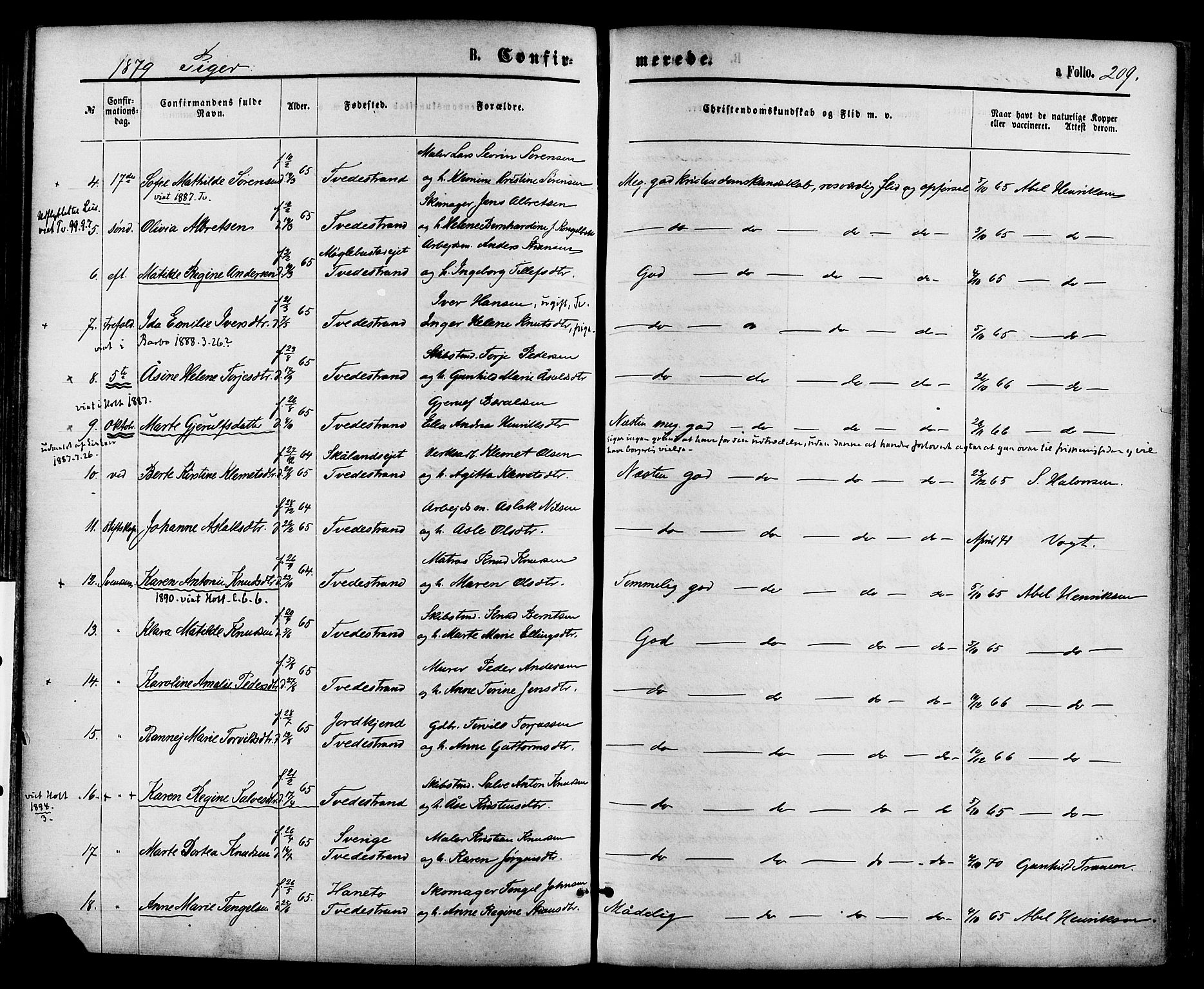 Holt sokneprestkontor, AV/SAK-1111-0021/F/Fa/L0010: Parish register (official) no. A 10, 1872-1885, p. 209