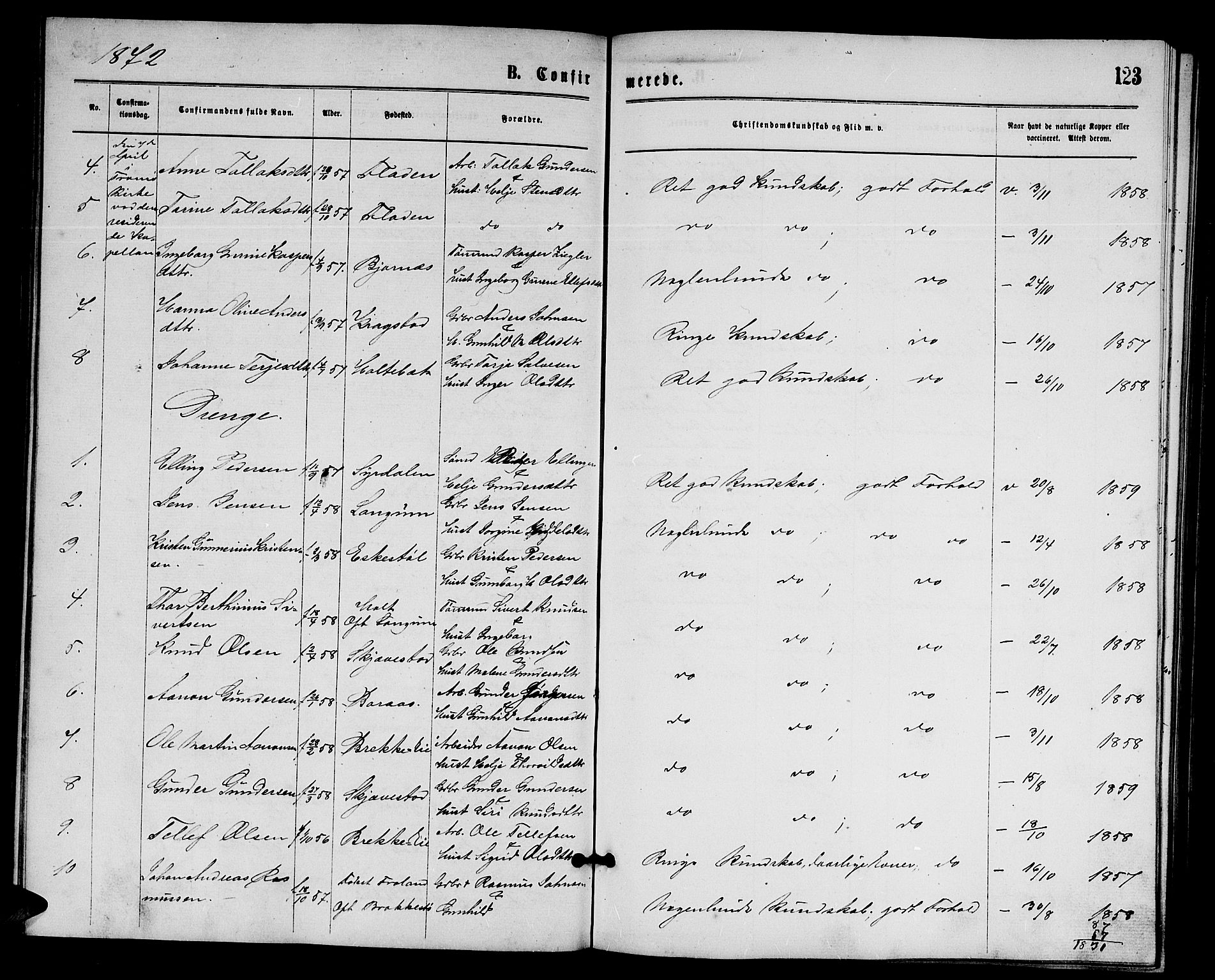 Austre Moland sokneprestkontor, SAK/1111-0001/F/Fb/Fba/L0002: Parish register (copy) no. B 2, 1869-1879, p. 123