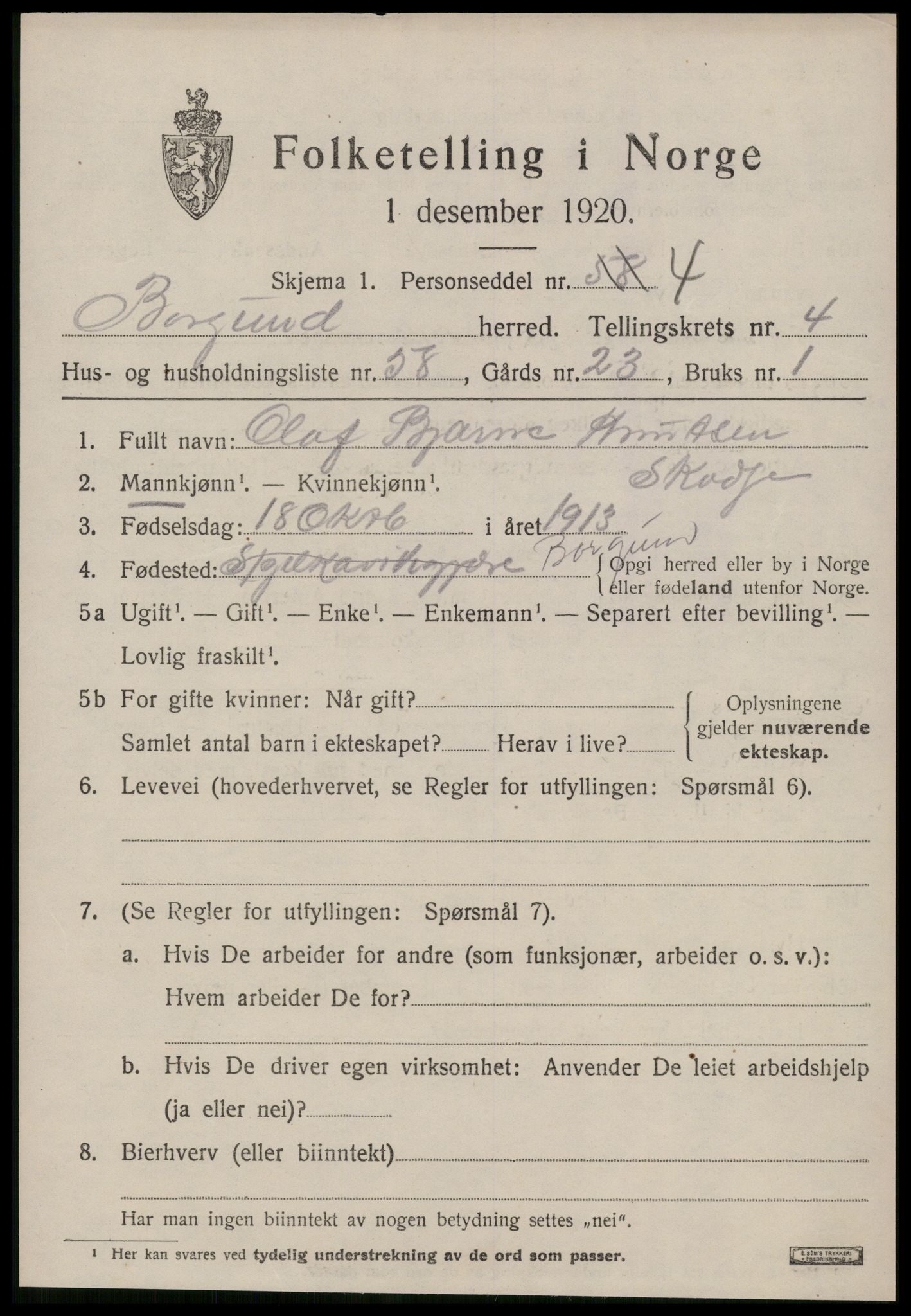 SAT, 1920 census for Borgund, 1920, p. 4606