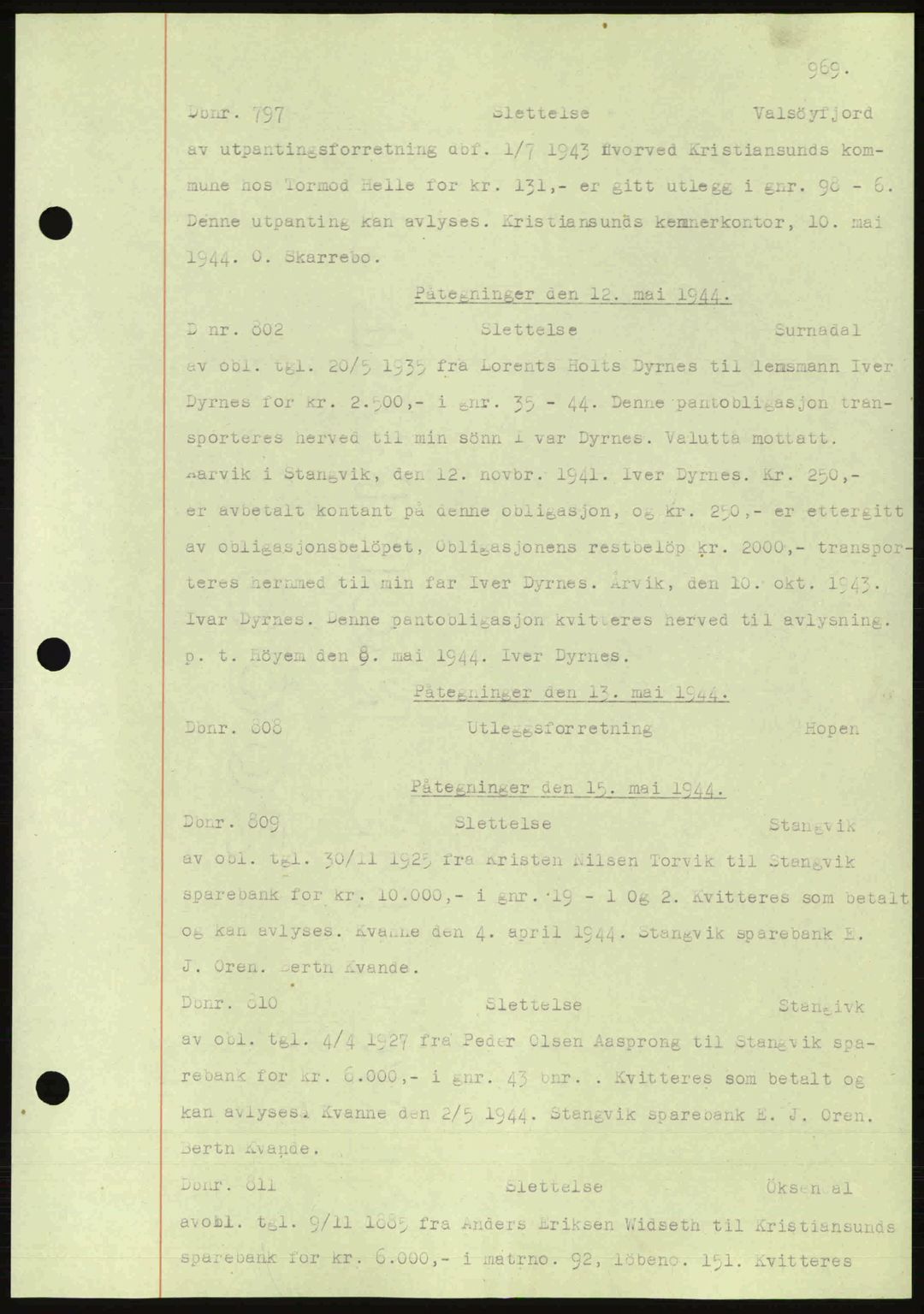 Nordmøre sorenskriveri, AV/SAT-A-4132/1/2/2Ca: Mortgage book no. C81, 1940-1945, Diary no: : 797/1944