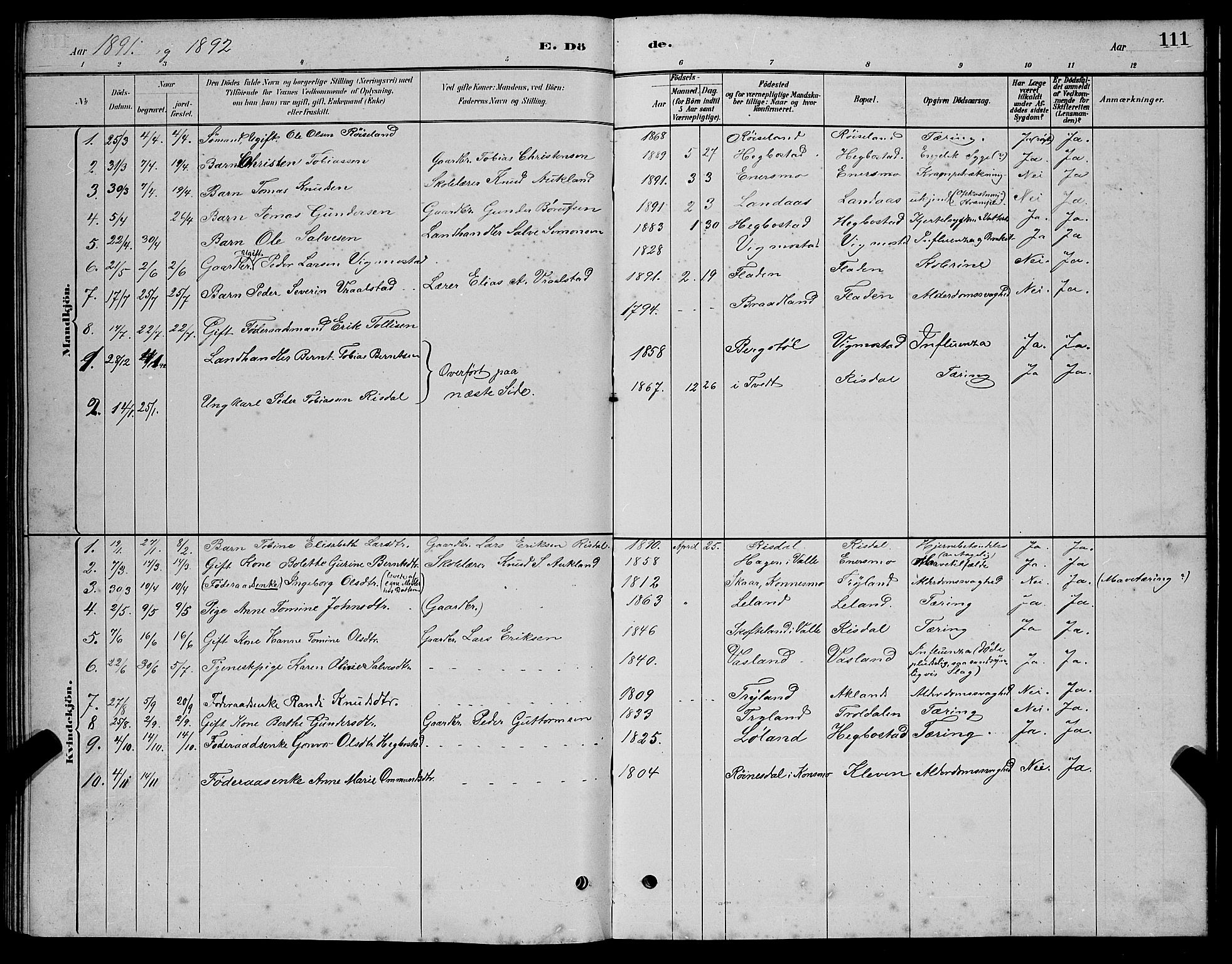 Nord-Audnedal sokneprestkontor, SAK/1111-0032/F/Fb/Fbb/L0003: Parish register (copy) no. B 3, 1882-1900, p. 111