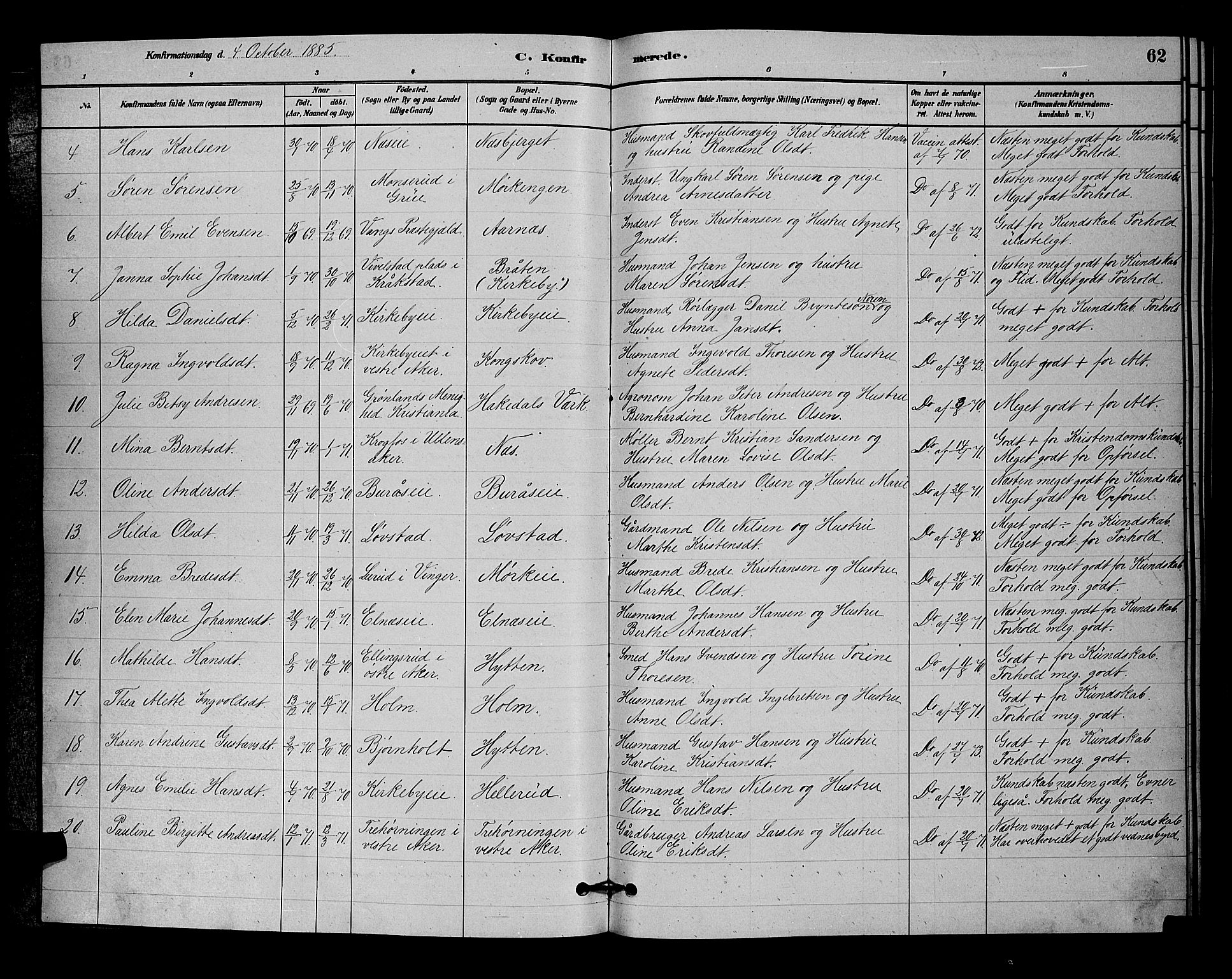 Nittedal prestekontor Kirkebøker, SAO/A-10365a/G/Gb/L0002: Parish register (copy) no. II 2, 1879-1901, p. 62