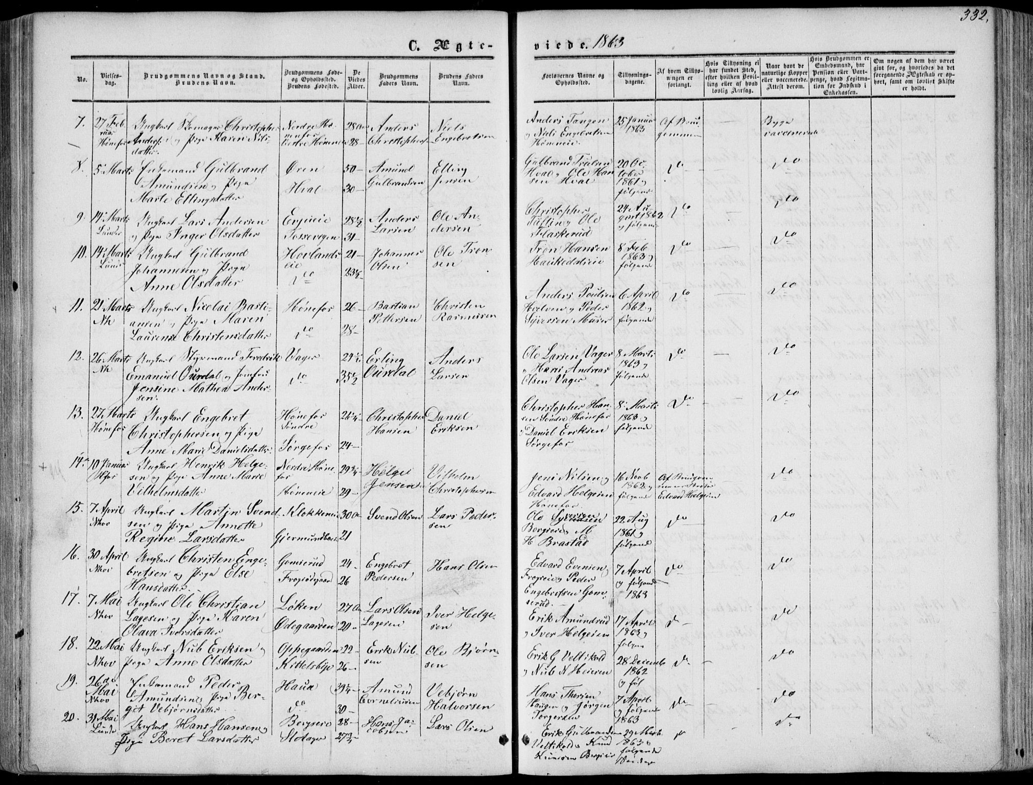 Norderhov kirkebøker, AV/SAKO-A-237/F/Fa/L0012: Parish register (official) no. 12, 1856-1865, p. 332