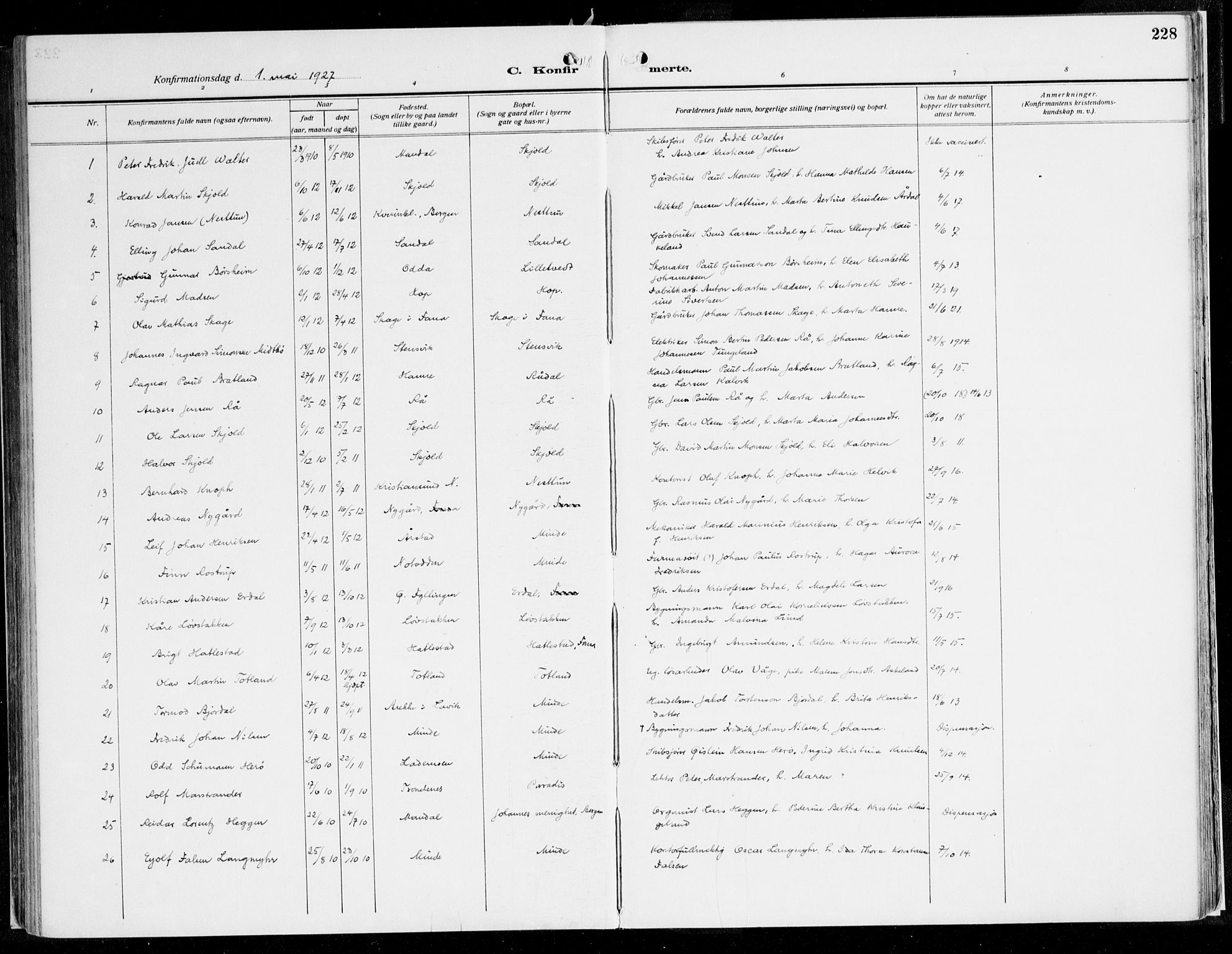 Fana Sokneprestembete, AV/SAB-A-75101/H/Haa/Haaj/L0001: Parish register (official) no. J 1, 1921-1935, p. 228