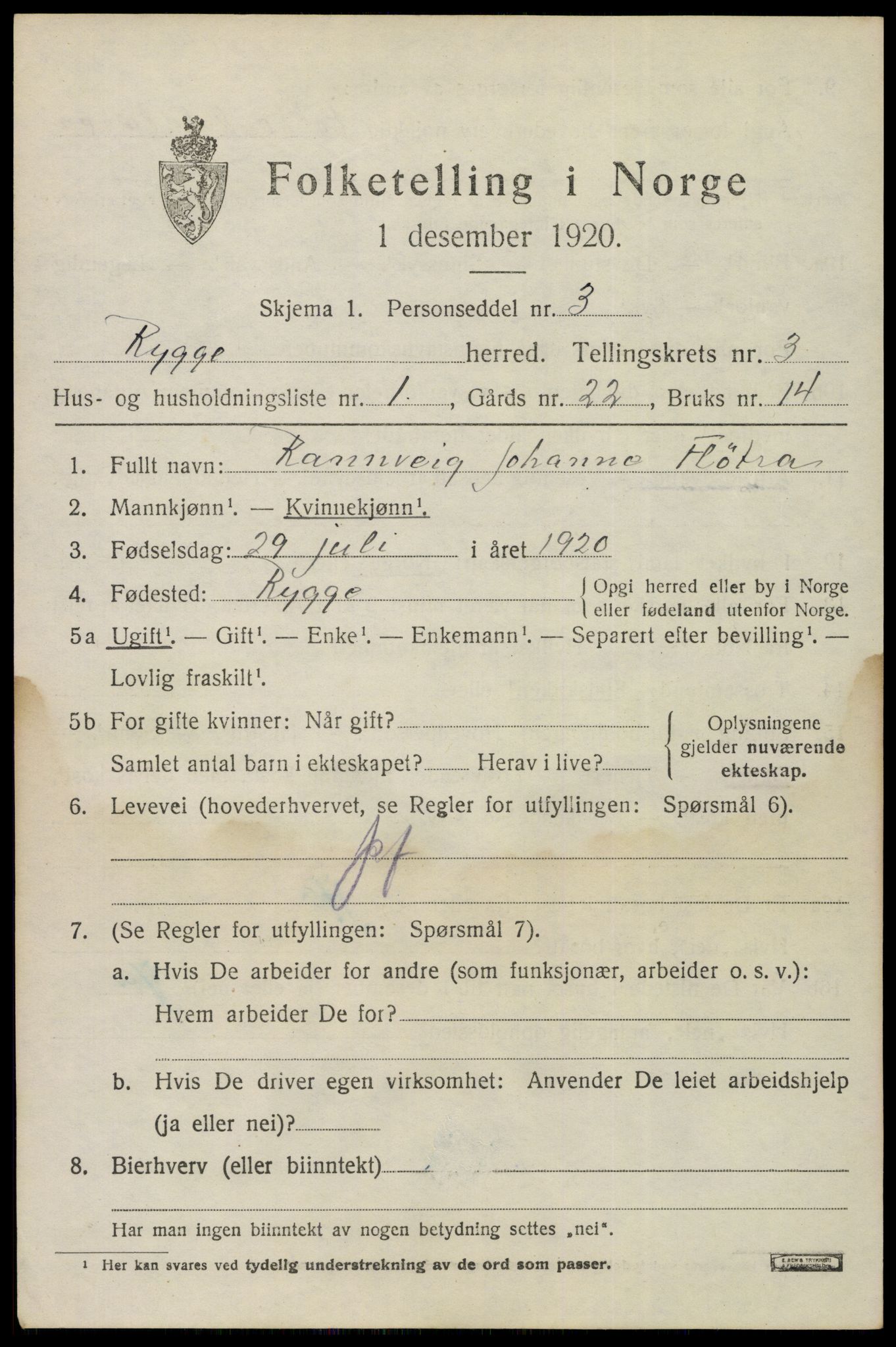 SAO, 1920 census for Rygge, 1920, p. 7799