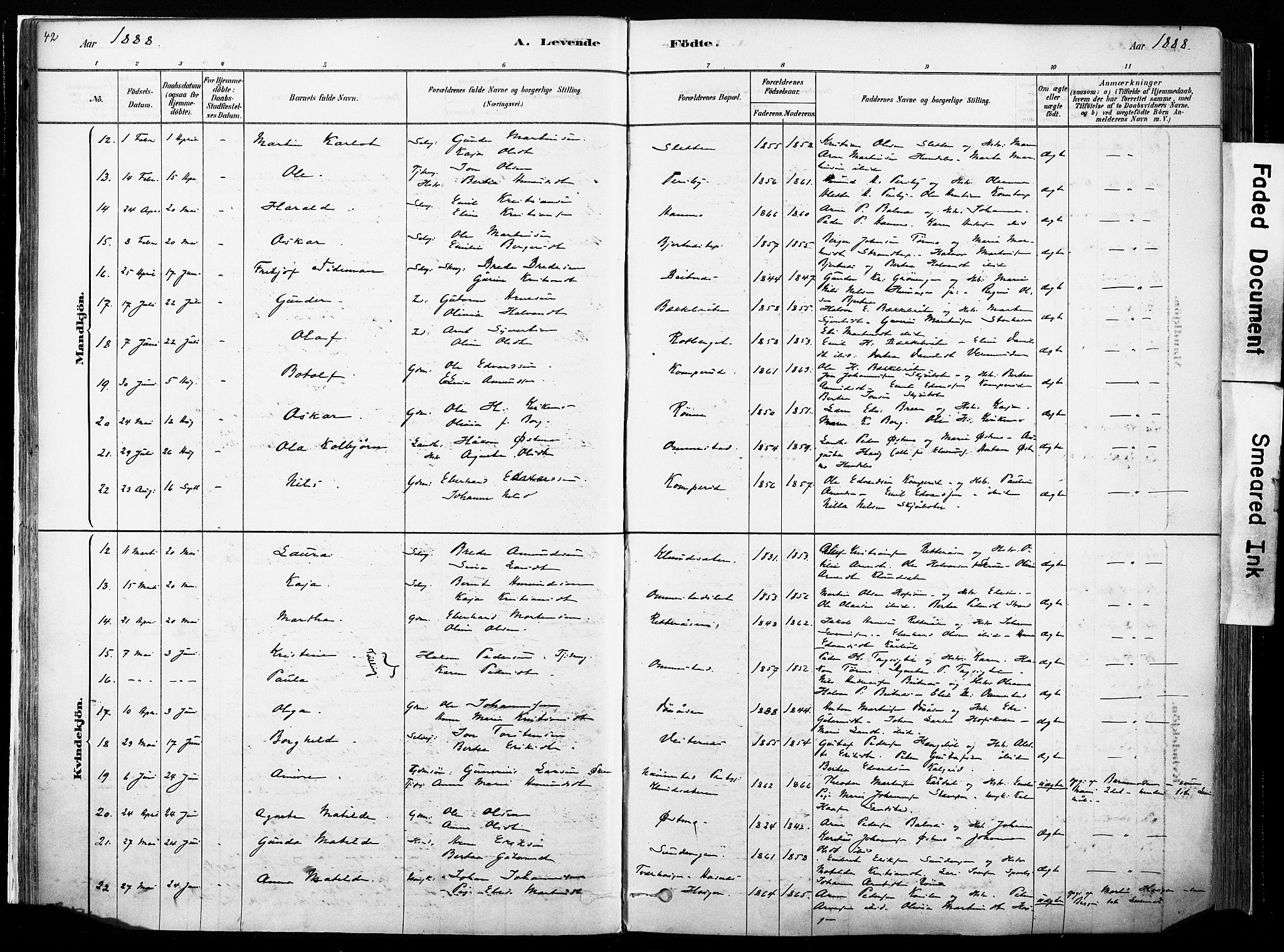 Hof prestekontor, SAH/PREST-038/H/Ha/Haa/L0010: Parish register (official) no. 10, 1878-1909, p. 42