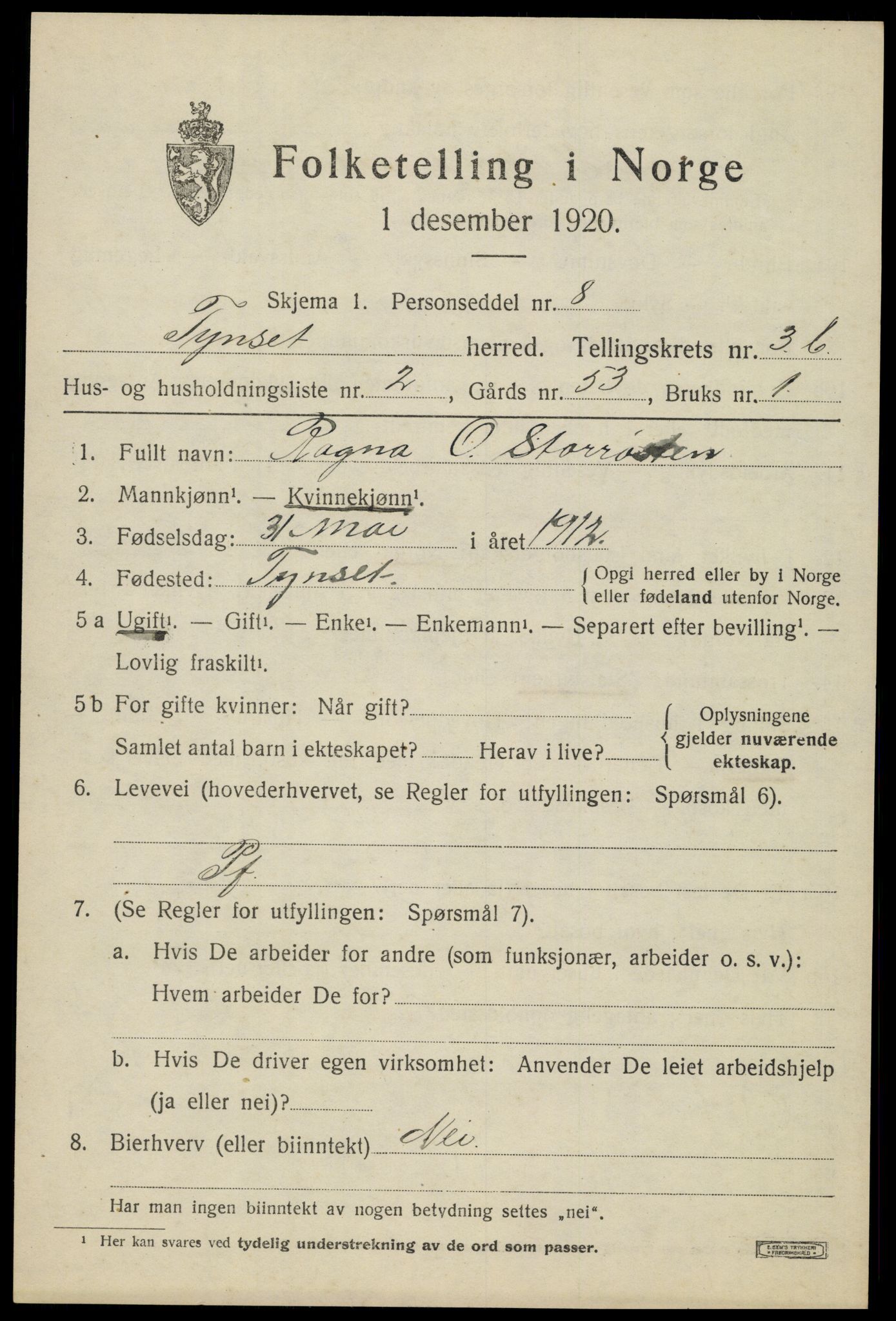 SAH, 1920 census for Tynset, 1920, p. 3162