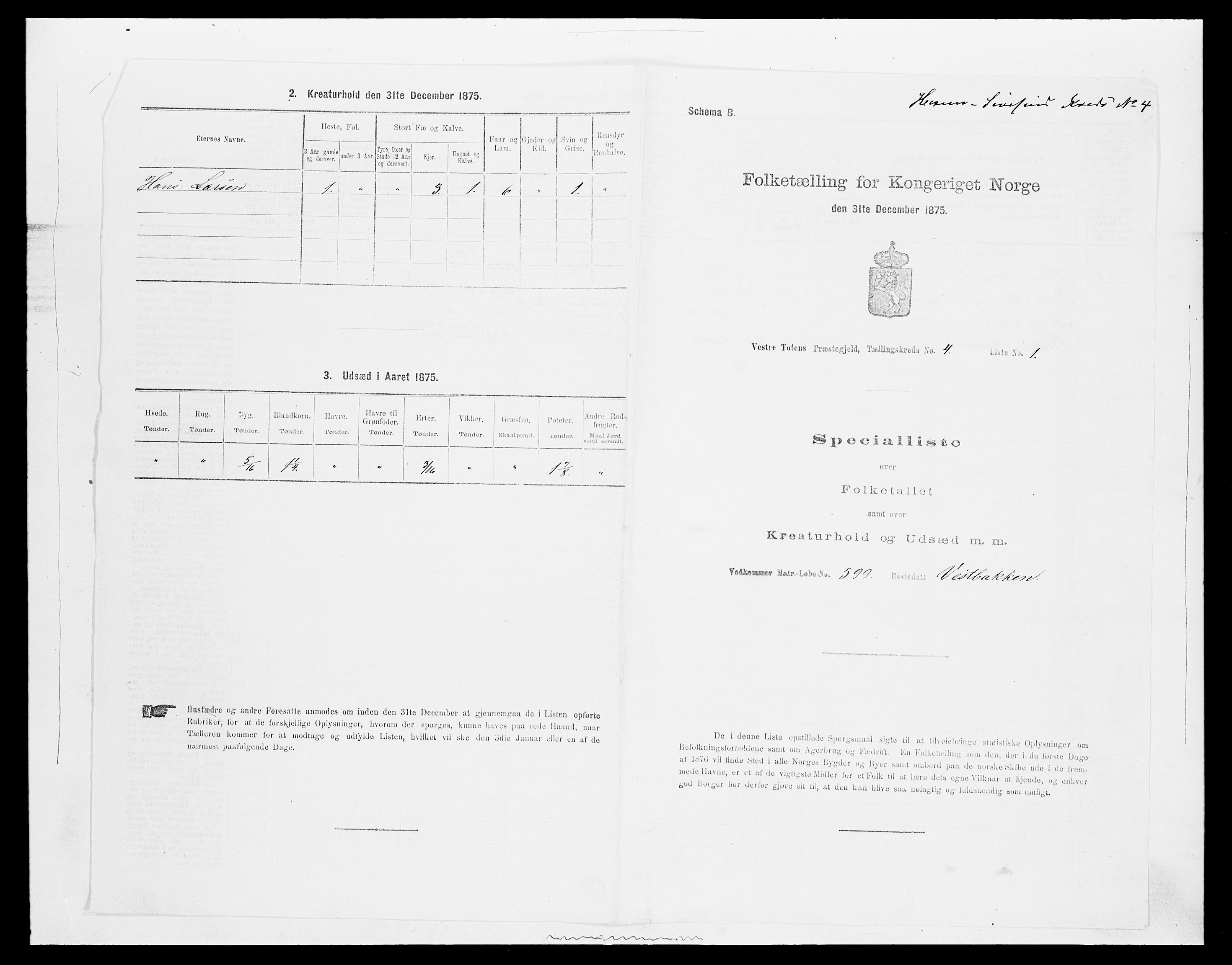 SAH, 1875 census for 0529P Vestre Toten, 1875, p. 708