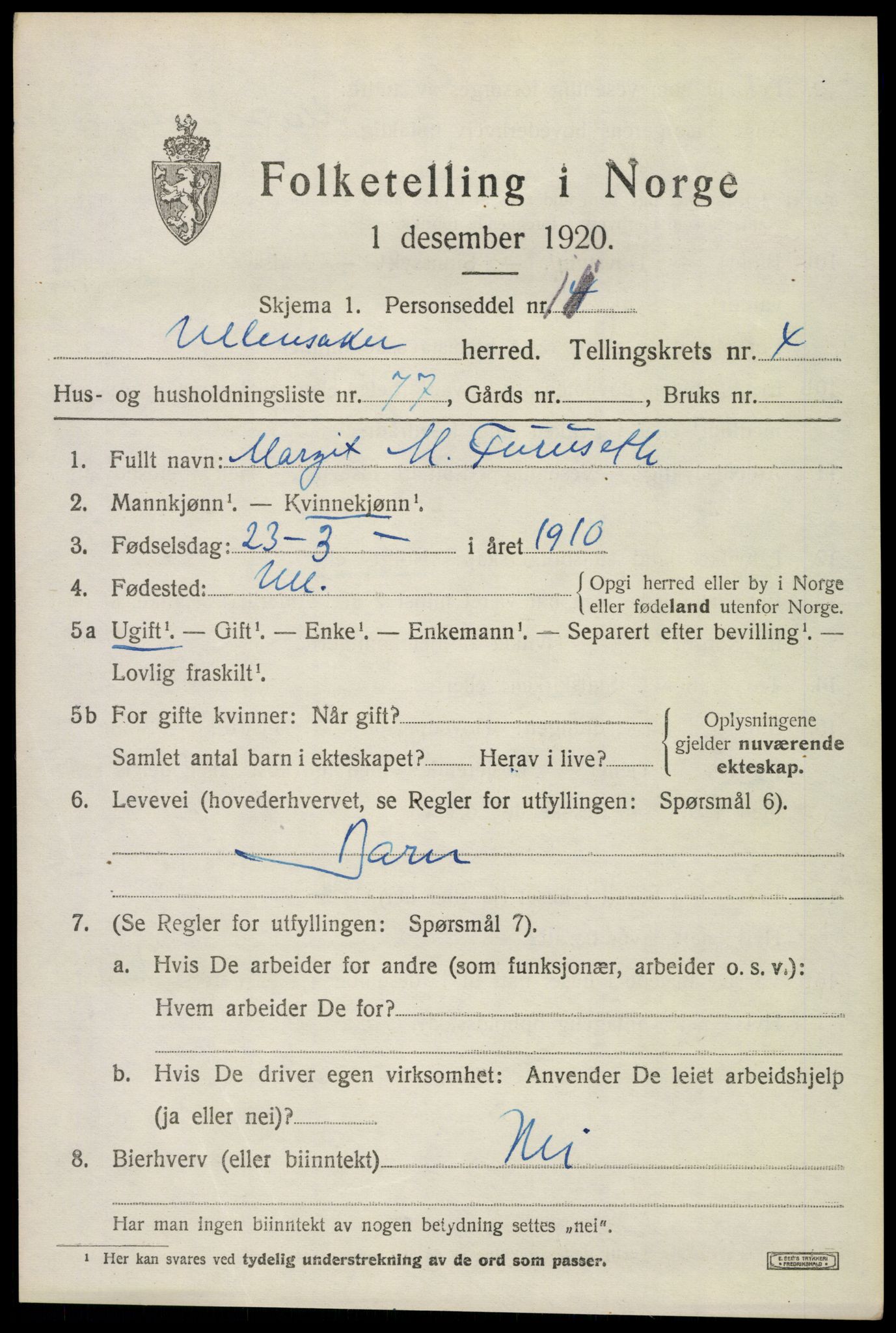 SAO, 1920 census for Ullensaker, 1920, p. 8207