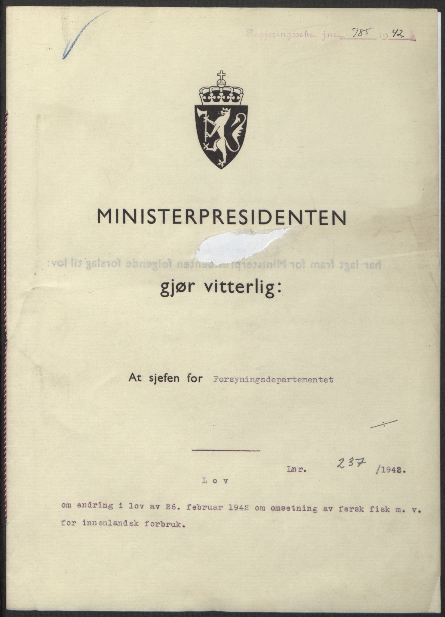 NS-administrasjonen 1940-1945 (Statsrådsekretariatet, de kommisariske statsråder mm), RA/S-4279/D/Db/L0098: Lover II, 1942, p. 593