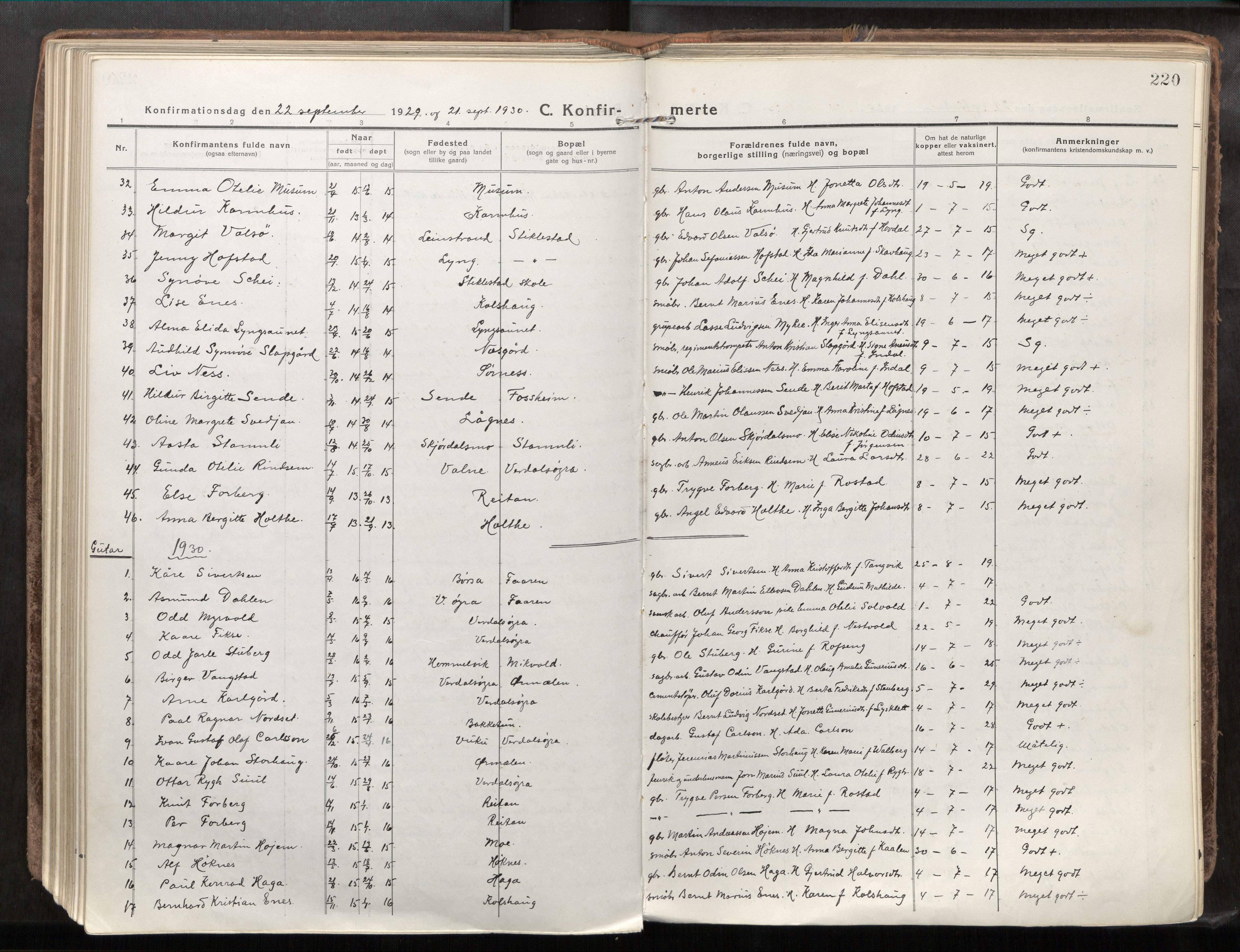 Verdal sokneprestkontor, SAT/A-1156/2/H/Haa/L0001: Parish register (official) no. 1, 1917-1932, p. 220