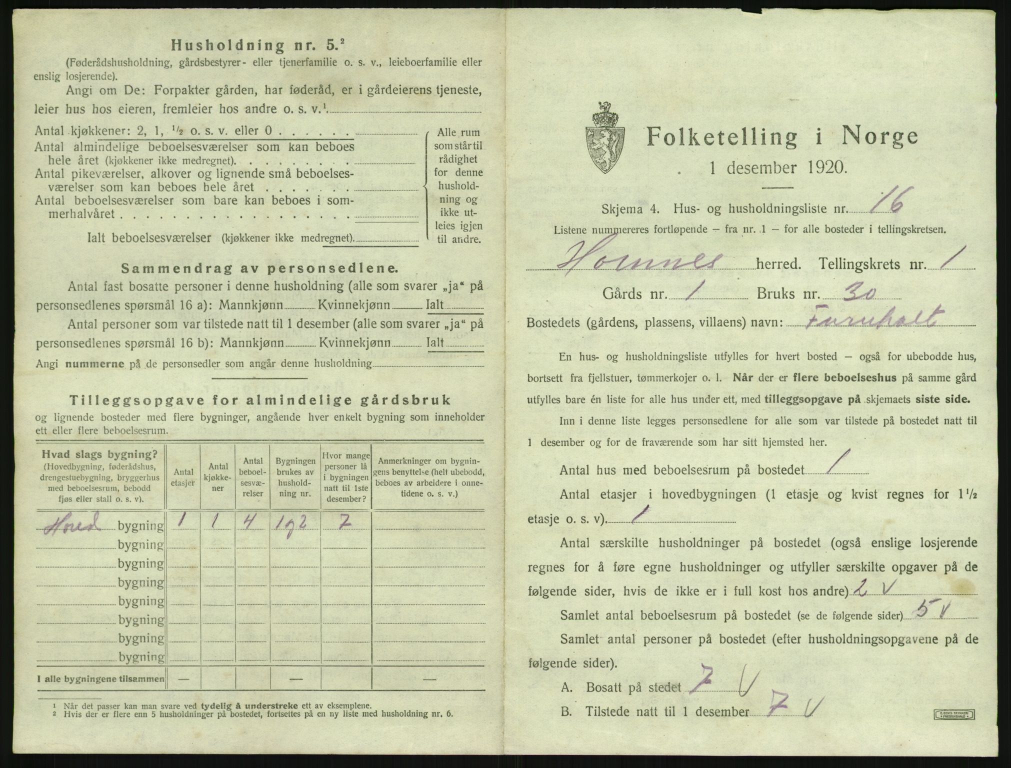 SAK, 1920 census for Hornnes, 1920, p. 87