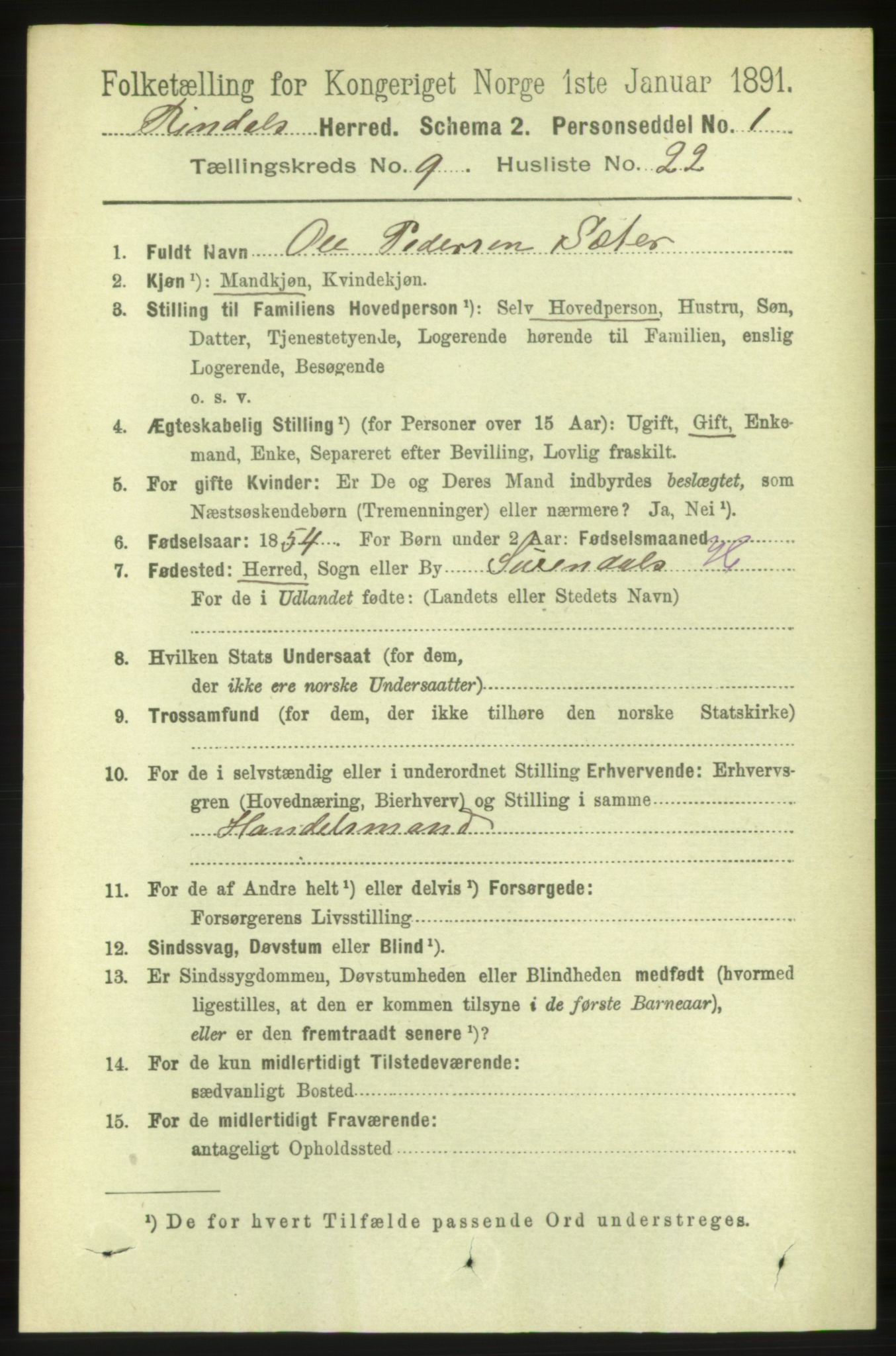 RA, 1891 census for 1567 Rindal, 1891, p. 3018