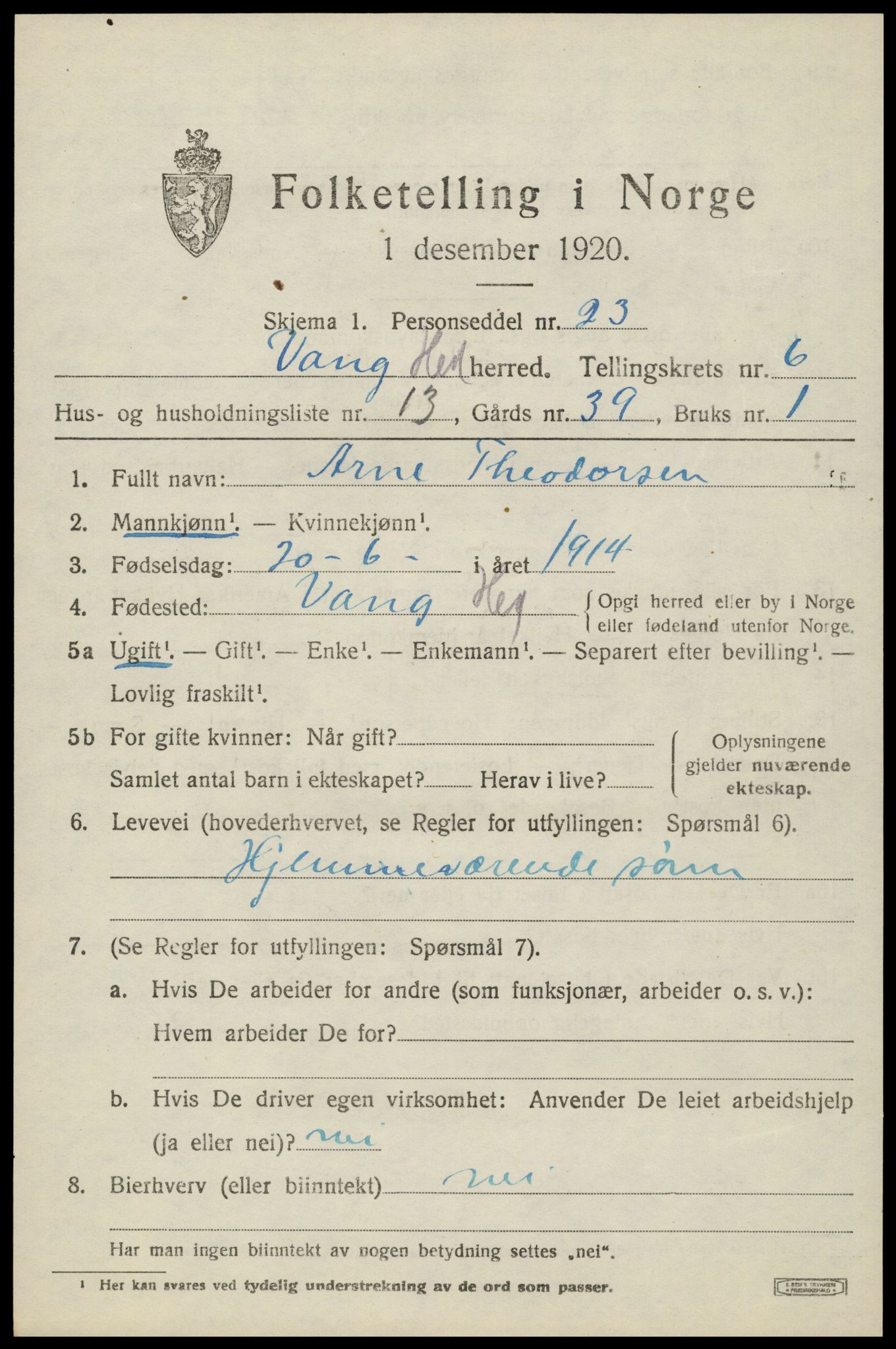 SAH, 1920 census for Vang (Hedmark), 1920, p. 15389