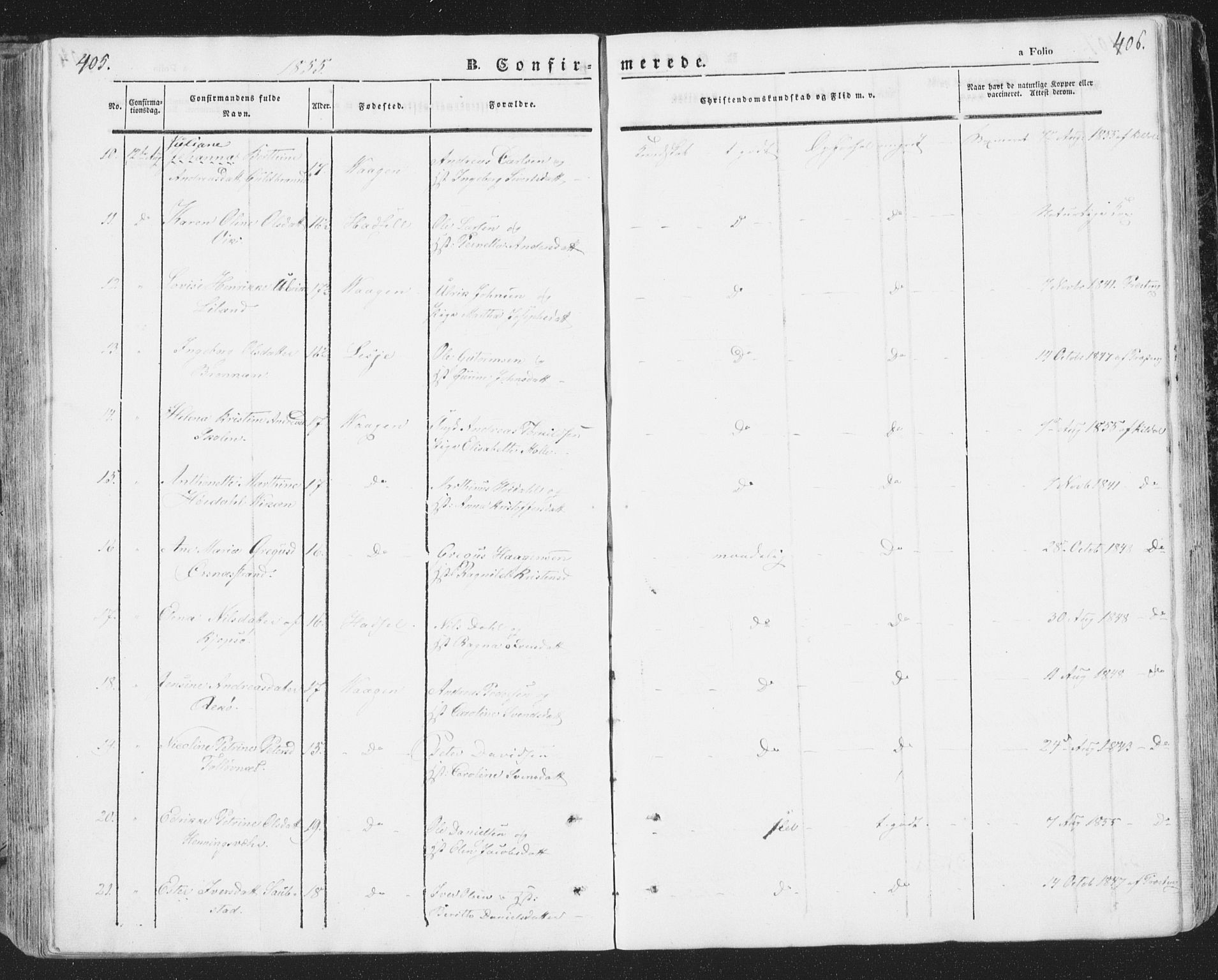 Ministerialprotokoller, klokkerbøker og fødselsregistre - Nordland, SAT/A-1459/874/L1072: Parish register (copy) no. 874C01, 1843-1859, p. 405-406