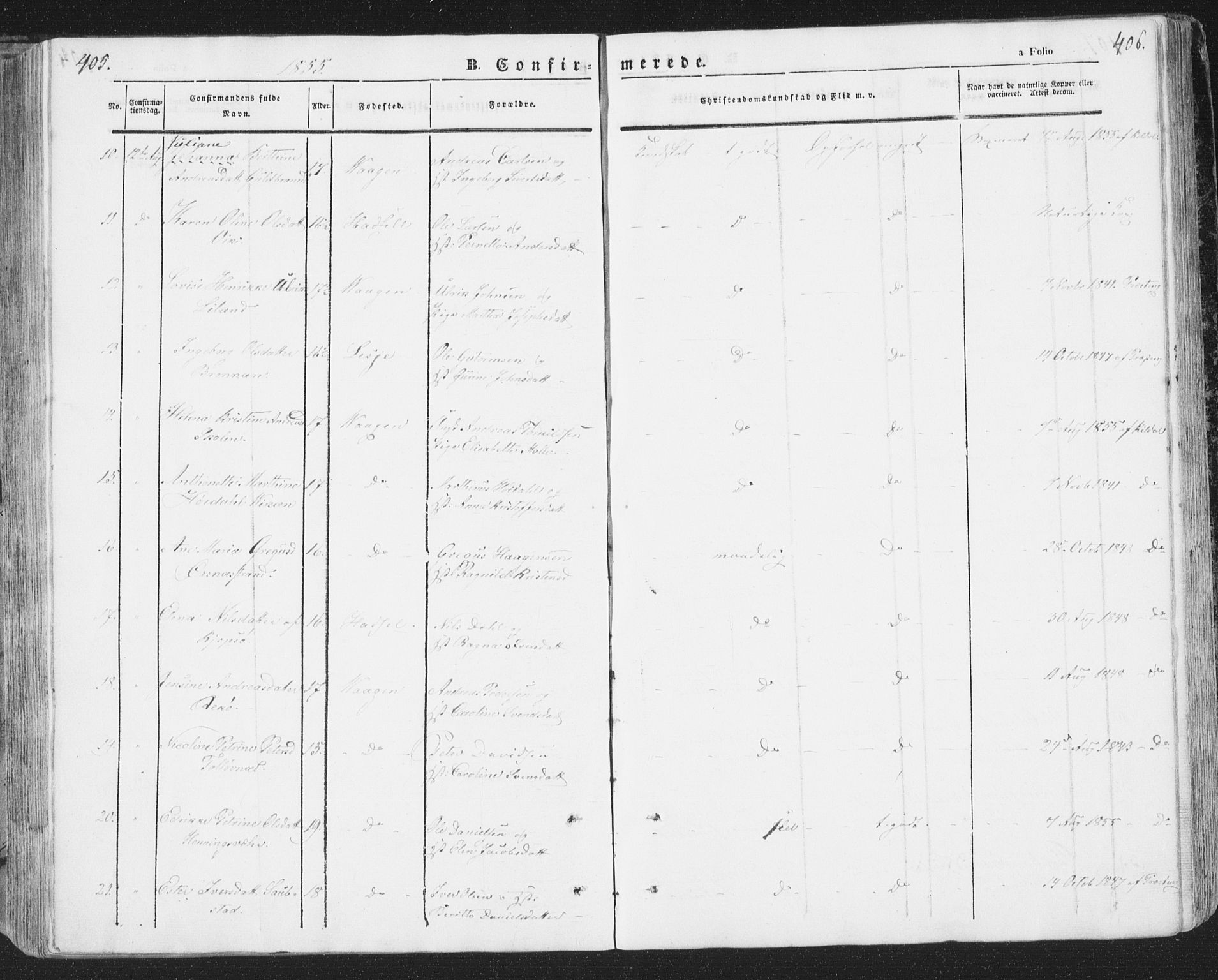 Ministerialprotokoller, klokkerbøker og fødselsregistre - Nordland, AV/SAT-A-1459/874/L1072: Parish register (copy) no. 874C01, 1843-1859, p. 405-406
