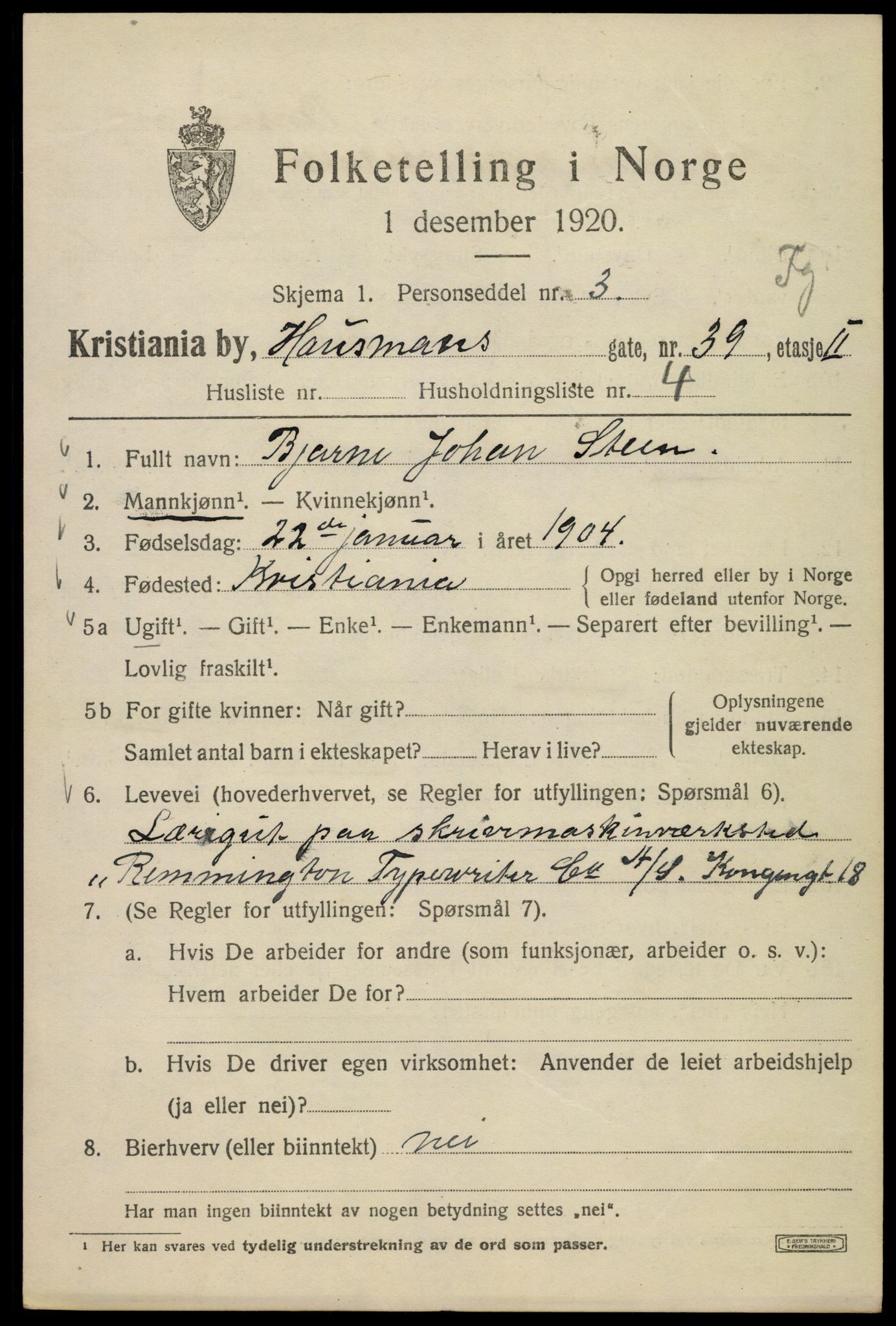 SAO, 1920 census for Kristiania, 1920, p. 273639