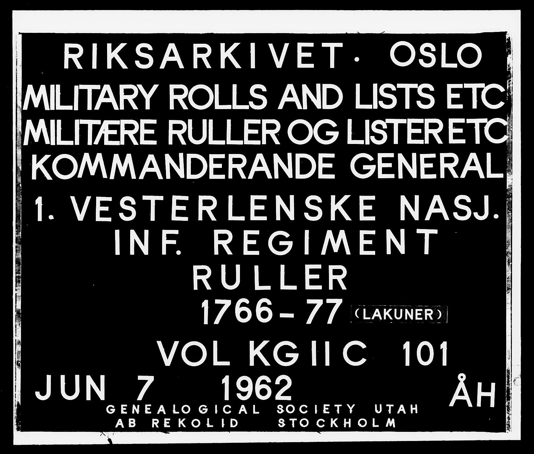 Generalitets- og kommissariatskollegiet, Det kongelige norske kommissariatskollegium, RA/EA-5420/E/Eh/L0101: 1. Vesterlenske nasjonale infanteriregiment, 1766-1777, p. 1