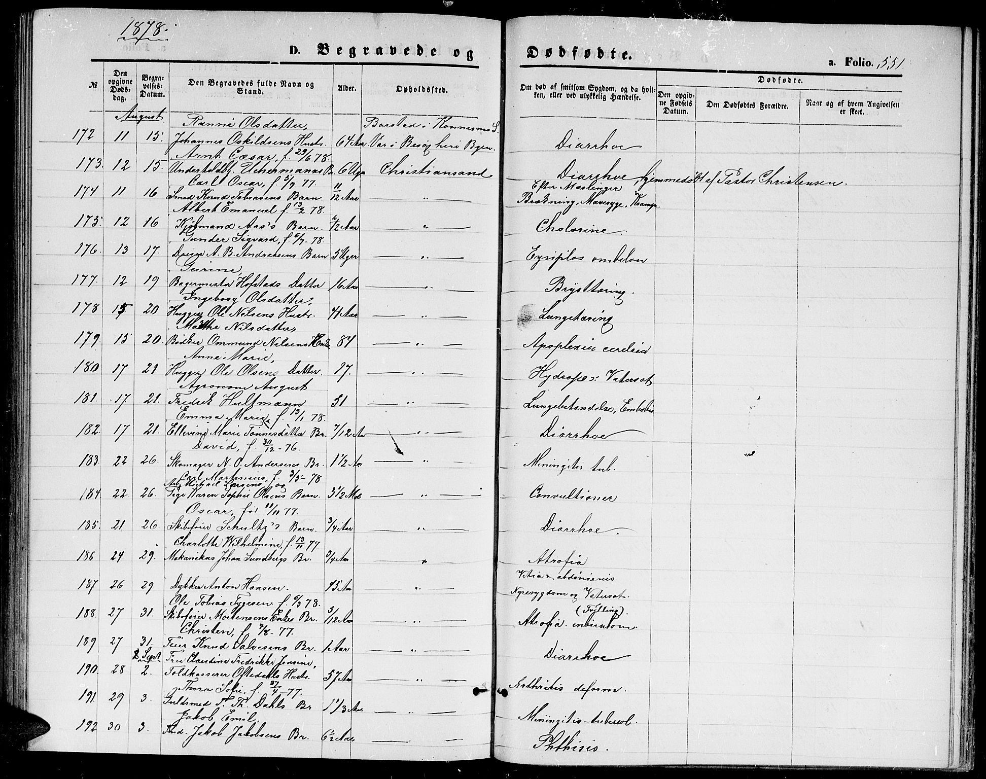 Kristiansand domprosti, SAK/1112-0006/F/Fb/L0013: Parish register (copy) no. B 13, 1871-1880, p. 551