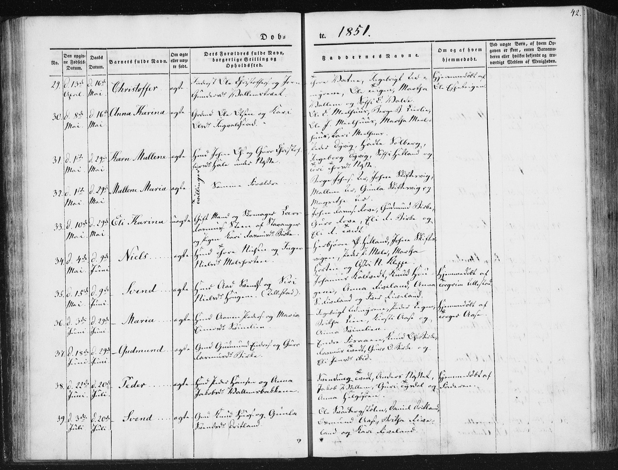 Hjelmeland sokneprestkontor, AV/SAST-A-101843/01/IV/L0008: Parish register (official) no. A 8, 1842-1861, p. 42