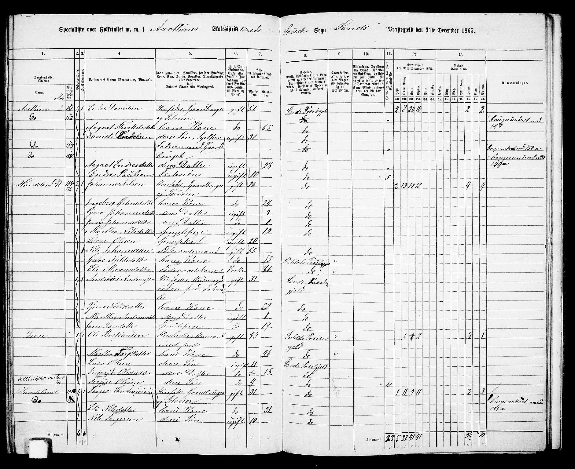 RA, 1865 census for Sand, 1865, p. 144