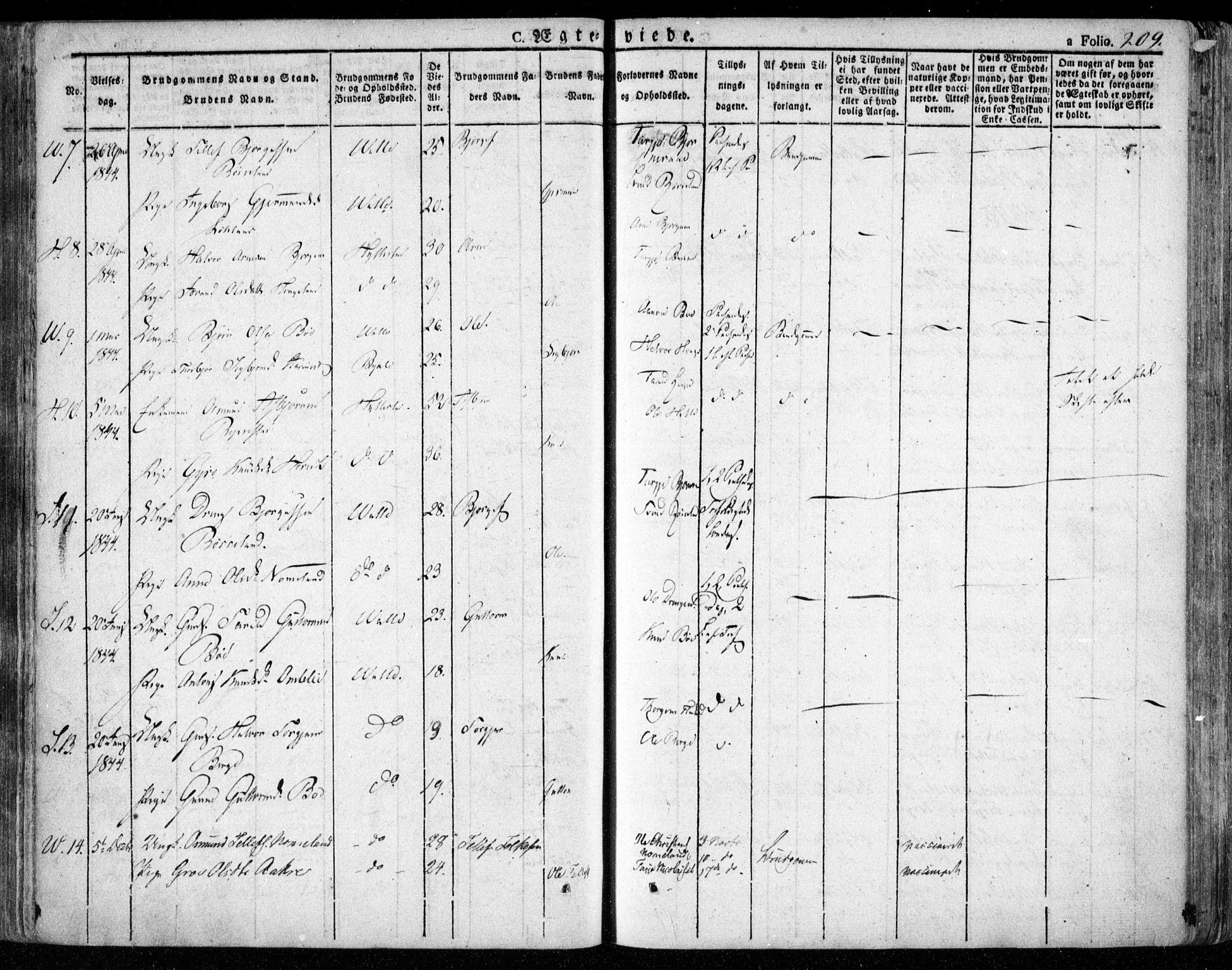 Valle sokneprestkontor, SAK/1111-0044/F/Fa/Fac/L0006: Parish register (official) no. A 6, 1831-1853, p. 209