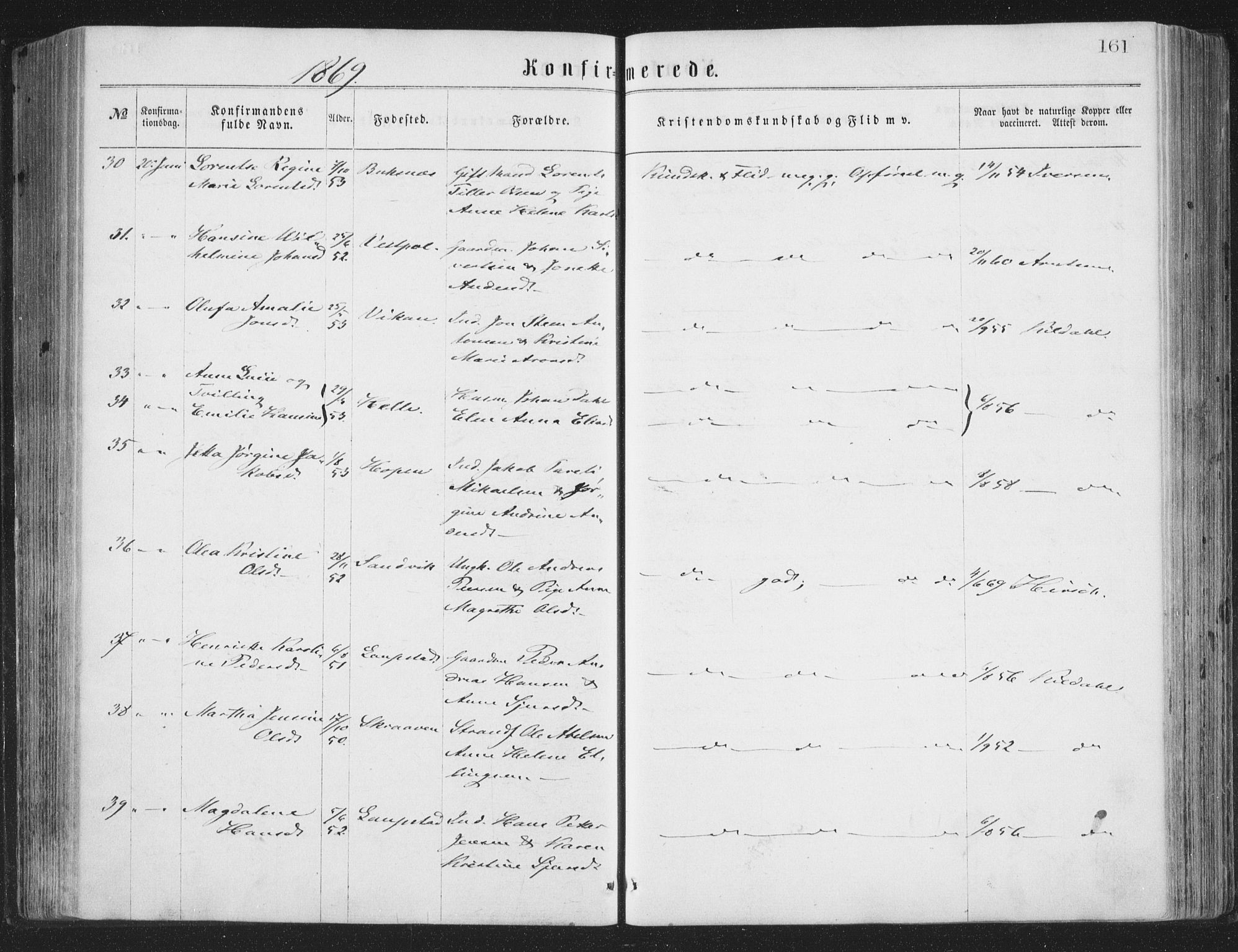 Ministerialprotokoller, klokkerbøker og fødselsregistre - Nordland, AV/SAT-A-1459/874/L1057: Parish register (official) no. 874A01, 1866-1877, p. 161