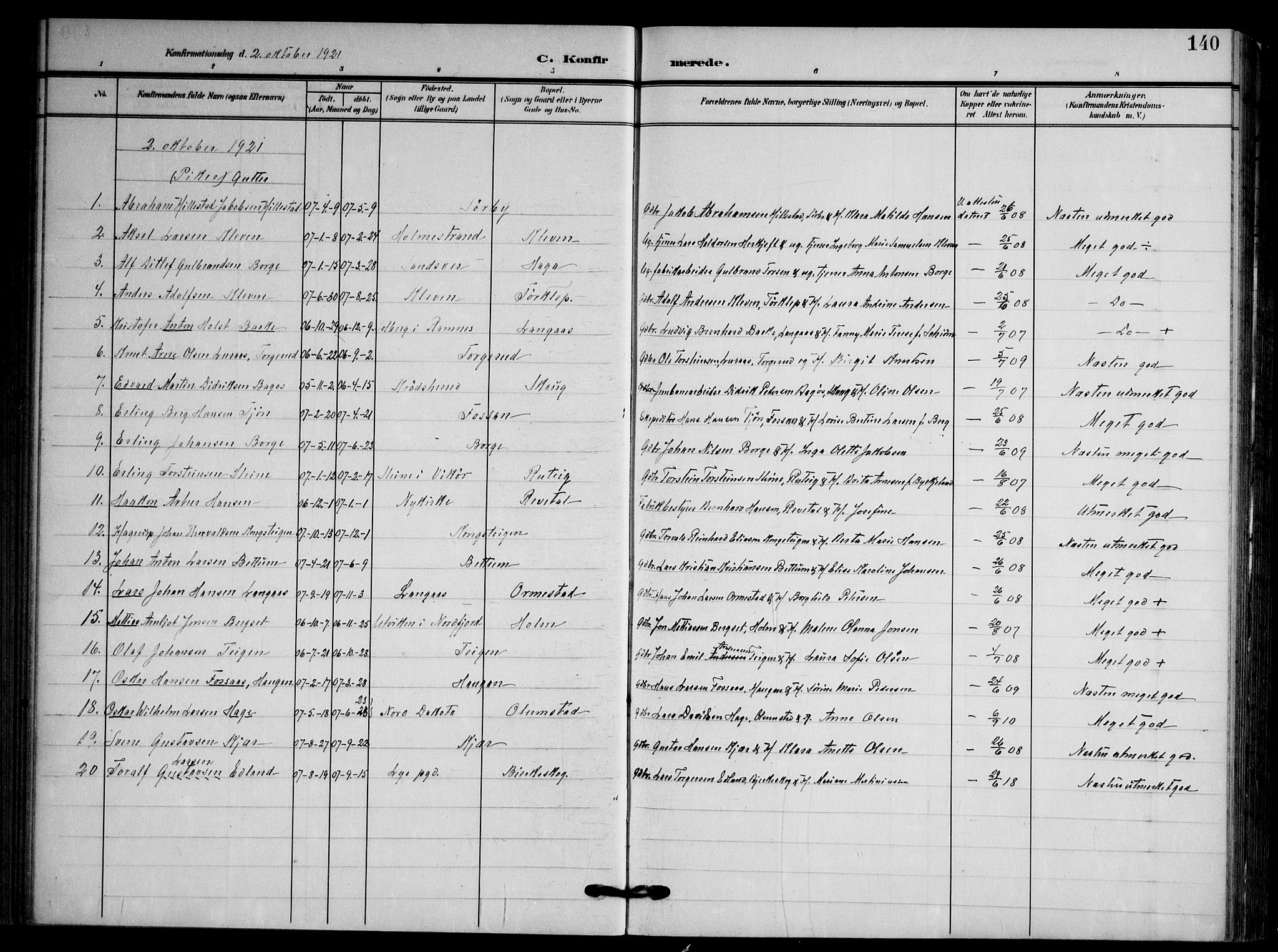 Våle kirkebøker, AV/SAKO-A-334/F/Fa/L0012: Parish register (official) no. I 12, 1907-1934, p. 140