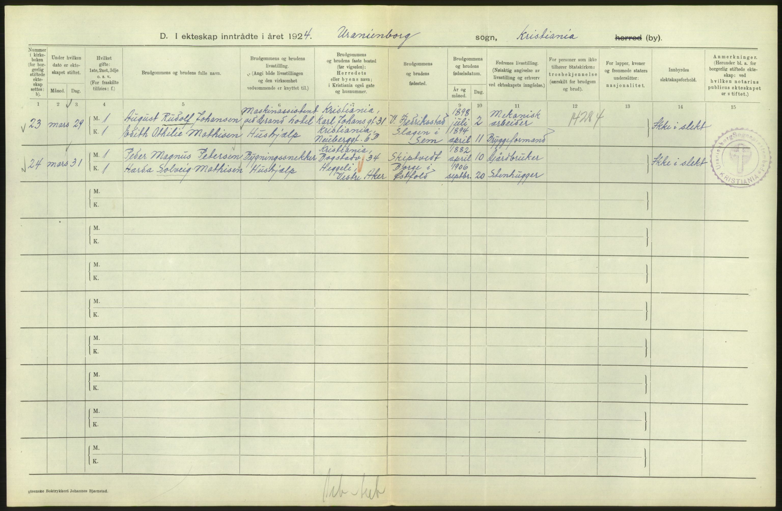 Statistisk sentralbyrå, Sosiodemografiske emner, Befolkning, AV/RA-S-2228/D/Df/Dfc/Dfcd/L0007: Kristiania: Gifte, 1924, p. 174