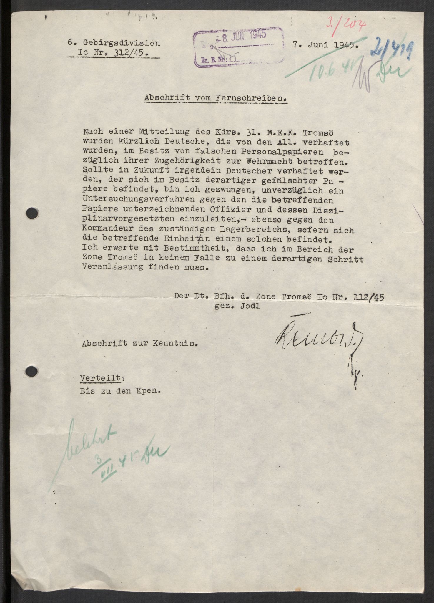 Deutscher Oberbefehlshaber Norwegen (DOBN), AV/RA-RAFA-2197/D/Do/L0244/0003: DBT Abt. V / Tagesbef. (Nachschubkompanie (K) 2./419), 1945