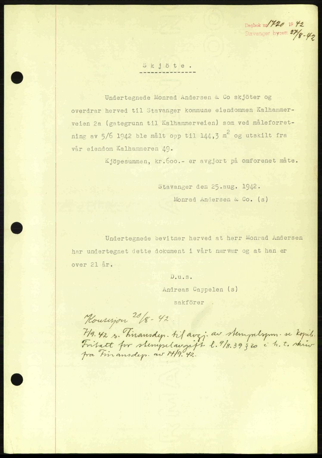 Stavanger byrett, SAST/A-100455/002/G/Gb/L0017: Mortgage book no. A7, 1941-1943, Diary no: : 1720/1942