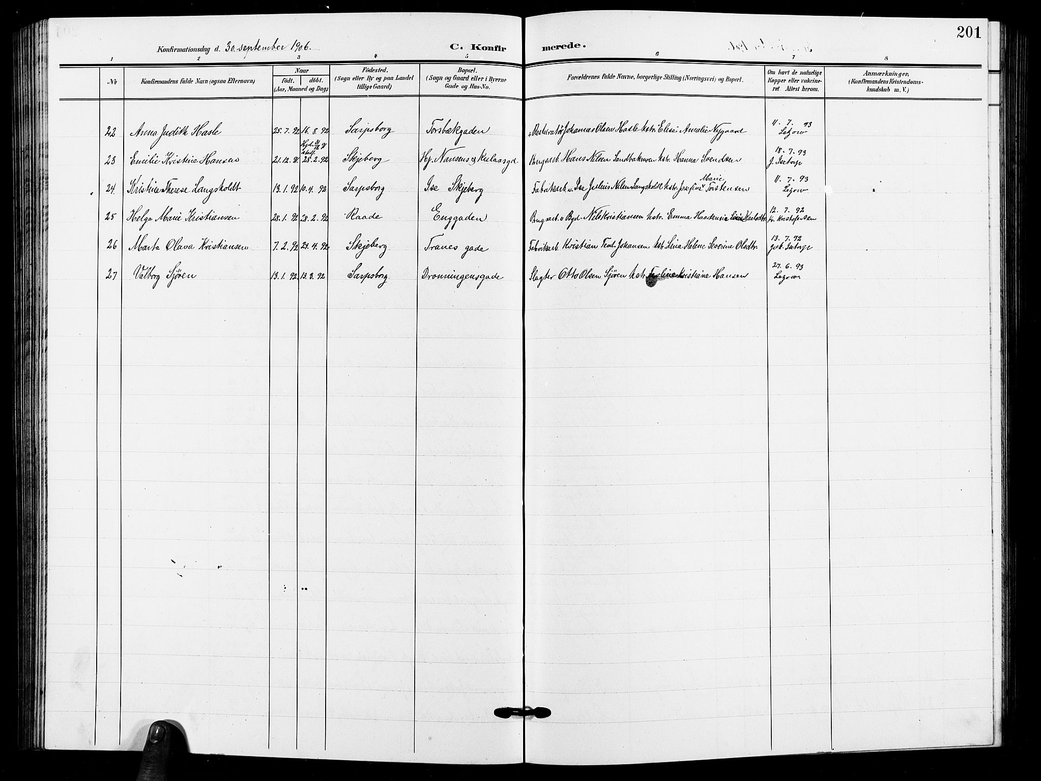 Sarpsborg prestekontor Kirkebøker, AV/SAO-A-2006/G/Ga/L0001: Parish register (copy) no. 1, 1902-1911, p. 201