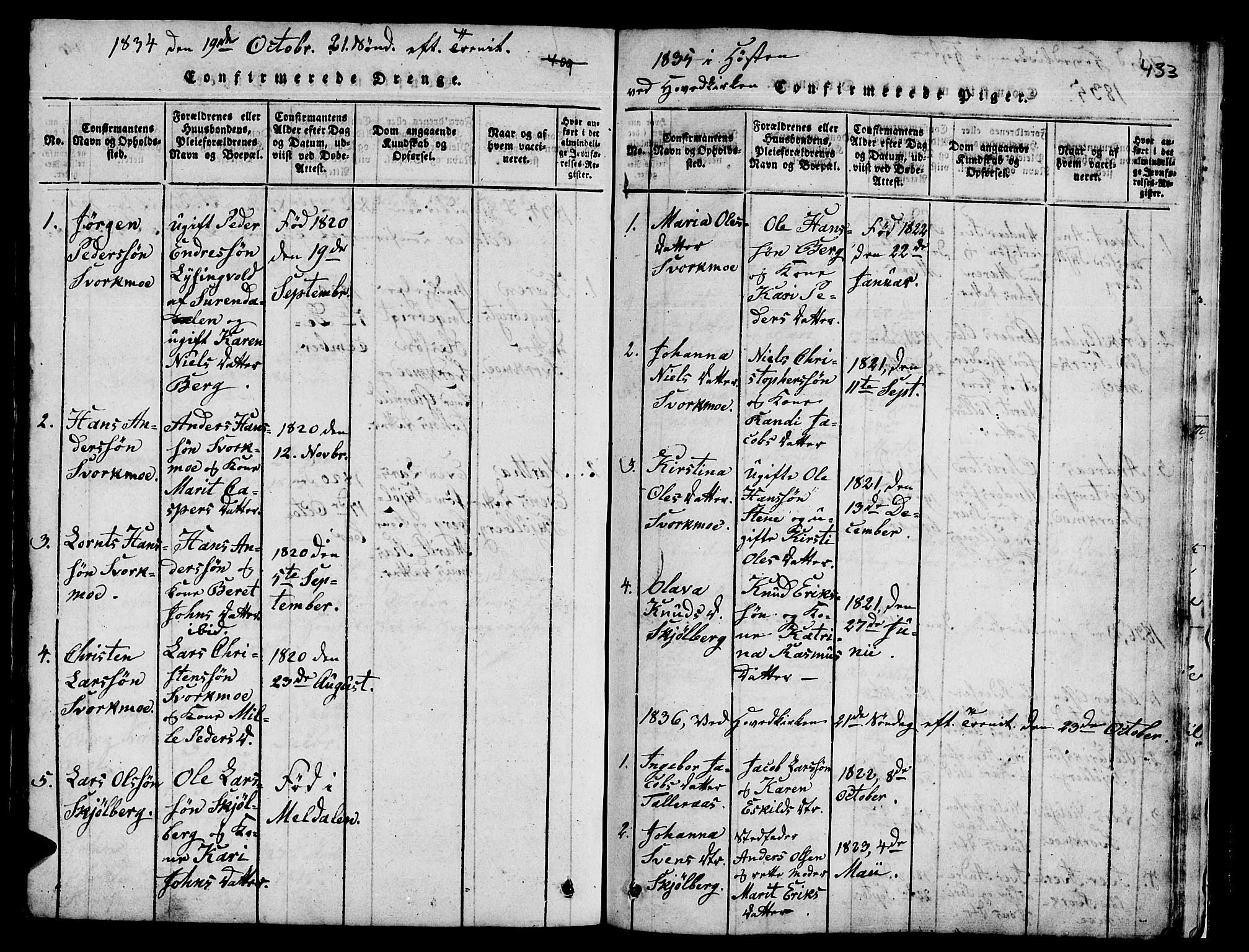 Ministerialprotokoller, klokkerbøker og fødselsregistre - Sør-Trøndelag, SAT/A-1456/671/L0842: Parish register (copy) no. 671C01, 1816-1867, p. 432-433