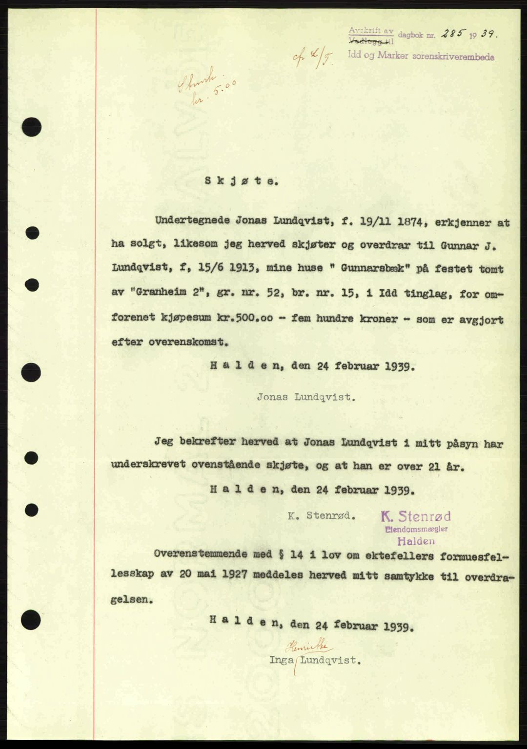 Idd og Marker sorenskriveri, AV/SAO-A-10283/G/Gb/Gbb/L0003: Mortgage book no. A3, 1938-1939, Diary no: : 285/1939