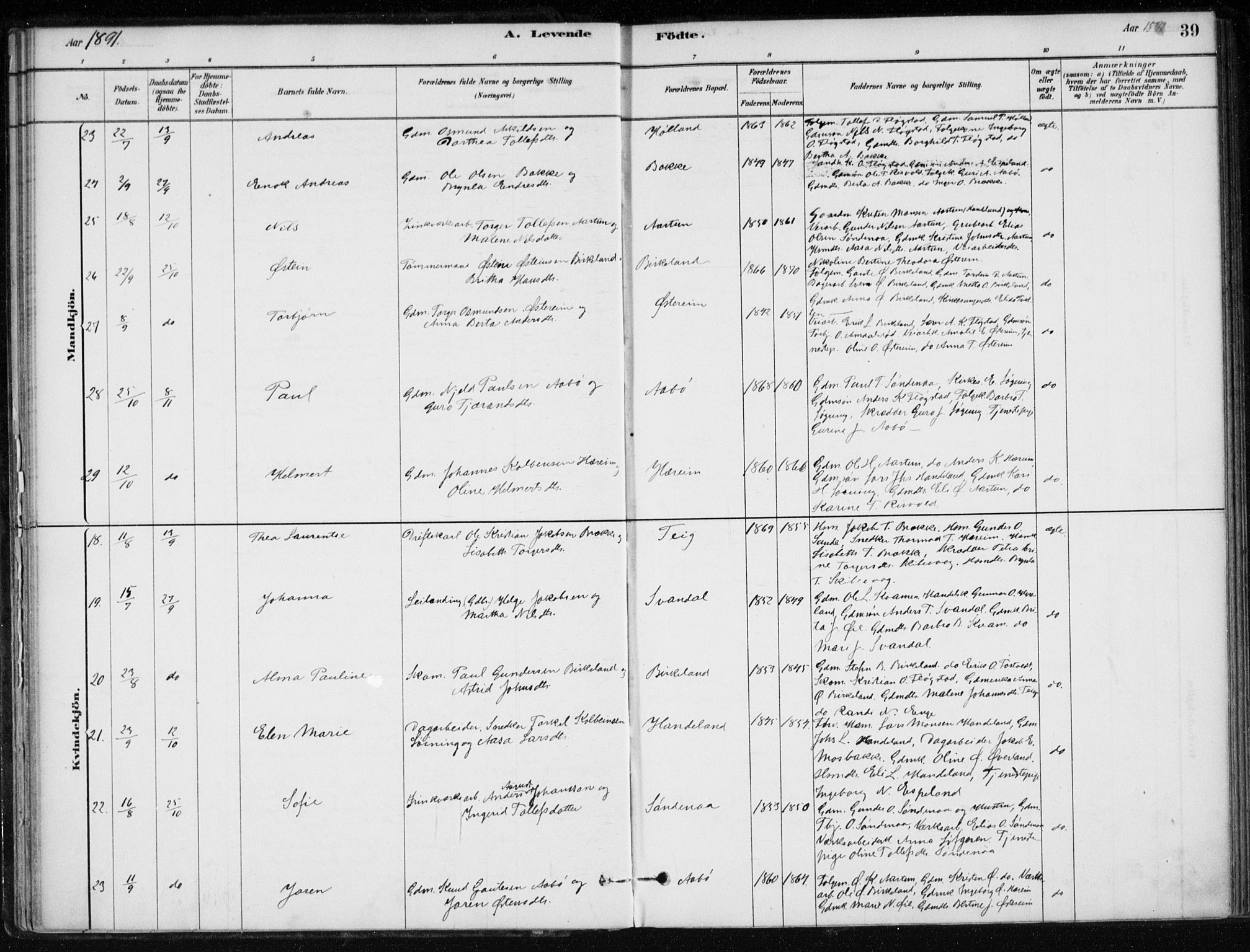 Sand sokneprestkontor, AV/SAST-A-101848/01/III/L0006: Parish register (official) no. A 6, 1880-1898, p. 39