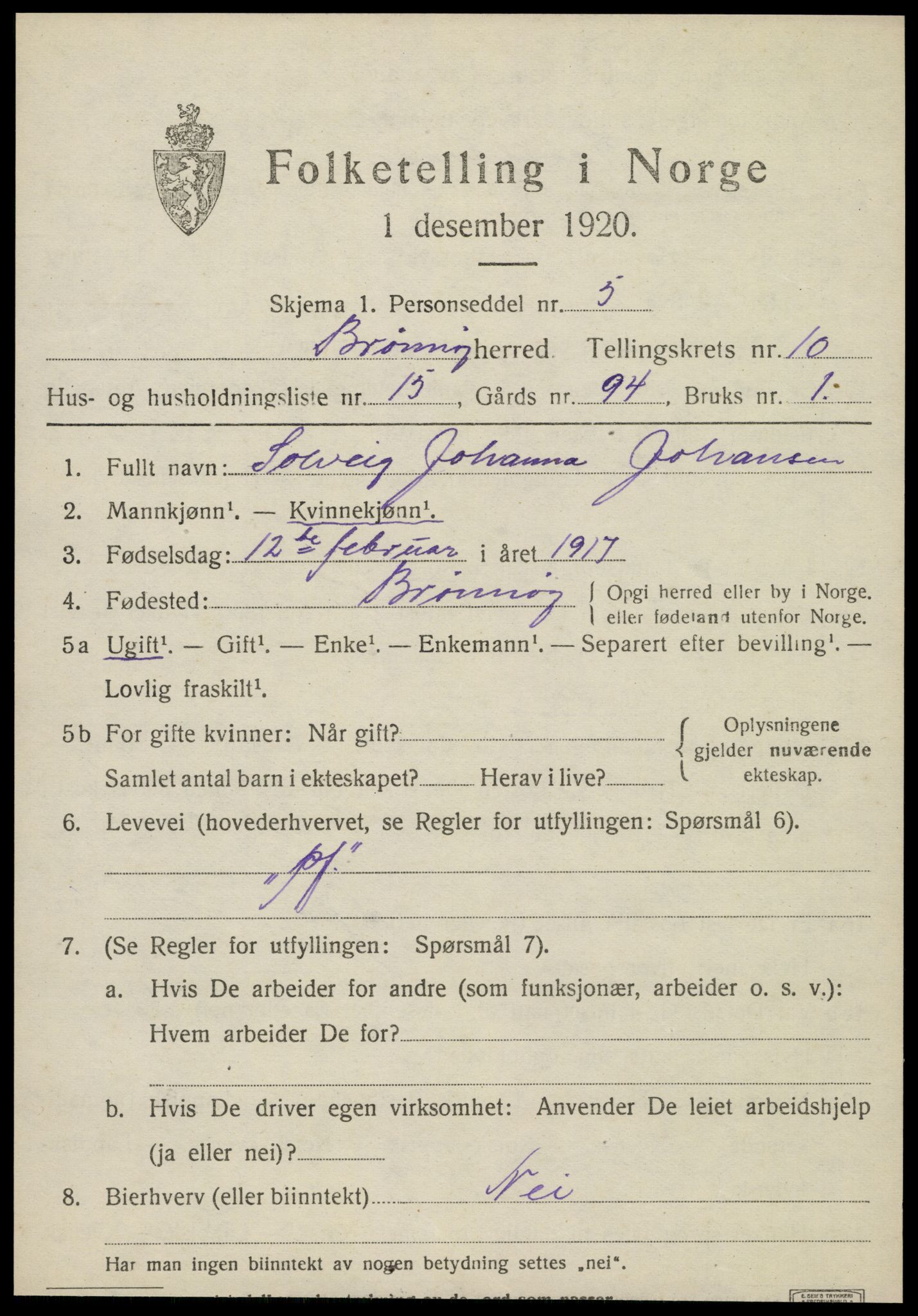 SAT, 1920 census for Brønnøy, 1920, p. 7764