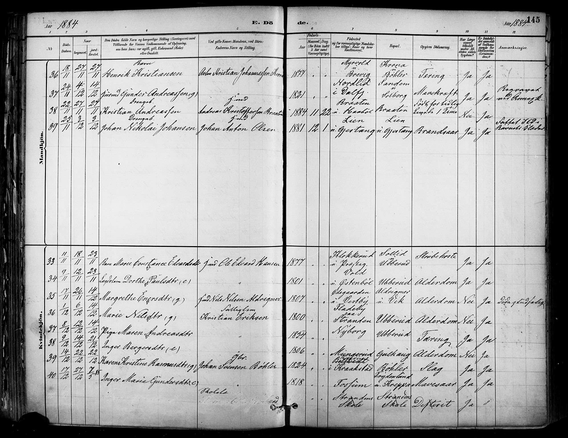 Enebakk prestekontor Kirkebøker, AV/SAO-A-10171c/F/Fa/L0016: Parish register (official) no. I 16, 1883-1898, p. 145