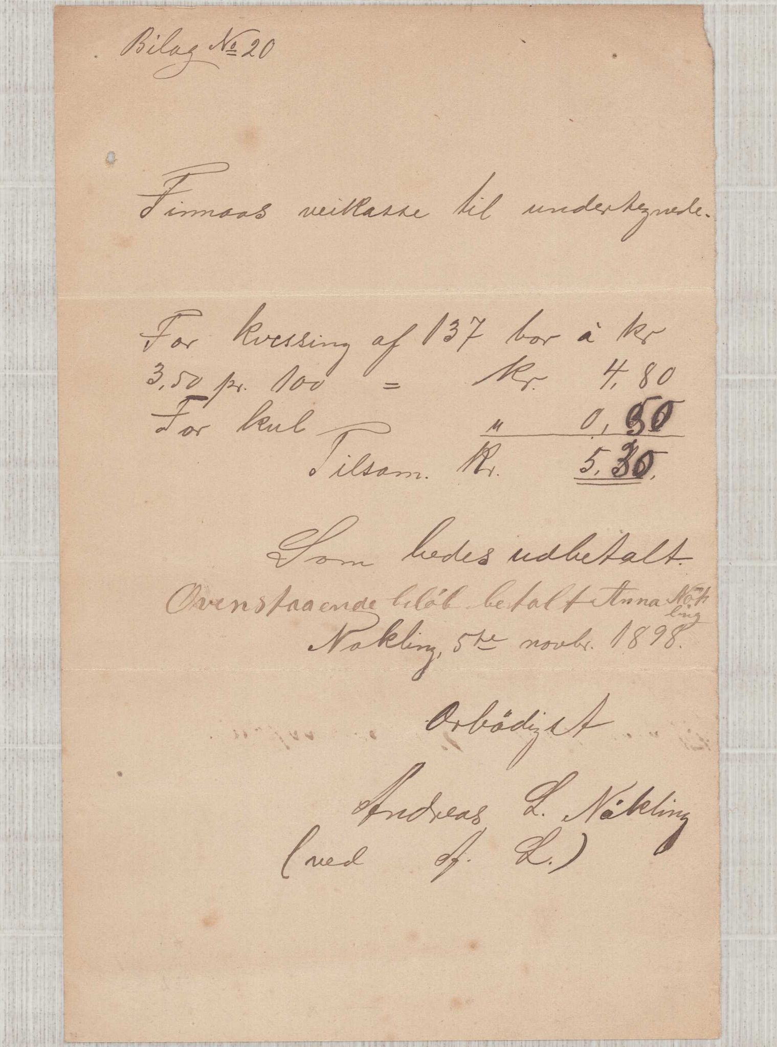 Finnaas kommune. Formannskapet, IKAH/1218a-021/E/Ea/L0002/0006: Rekneskap for veganlegg / Rekneskap for veganlegget Våge - Nøkling, 1898, p. 17