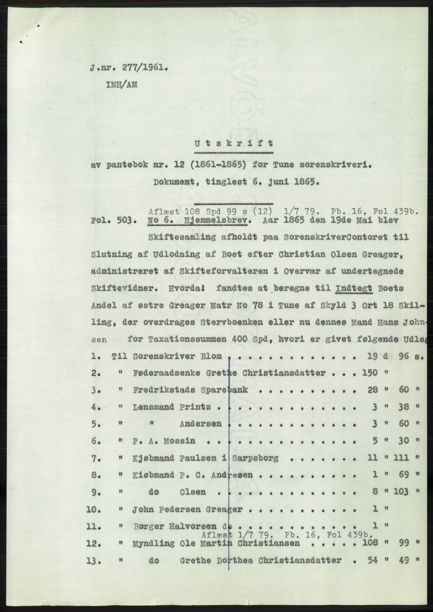 Statsarkivet i Oslo, AV/SAO-A-10621/Z/Zd/L0013: Avskrifter, j.nr 16-1099/1961, 1961, p. 163