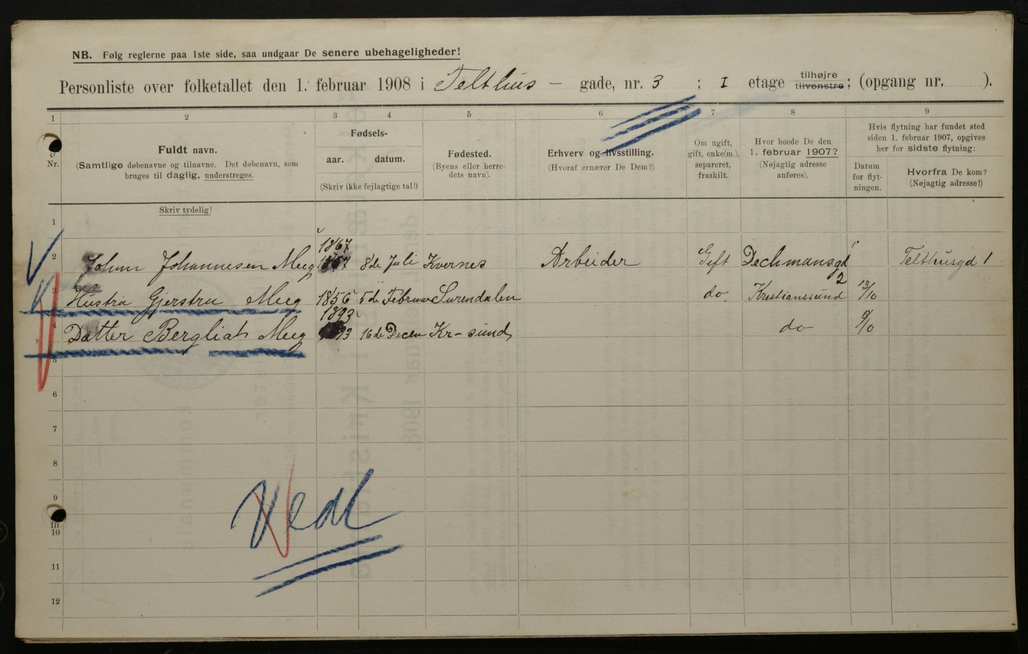 OBA, Municipal Census 1908 for Kristiania, 1908, p. 96696