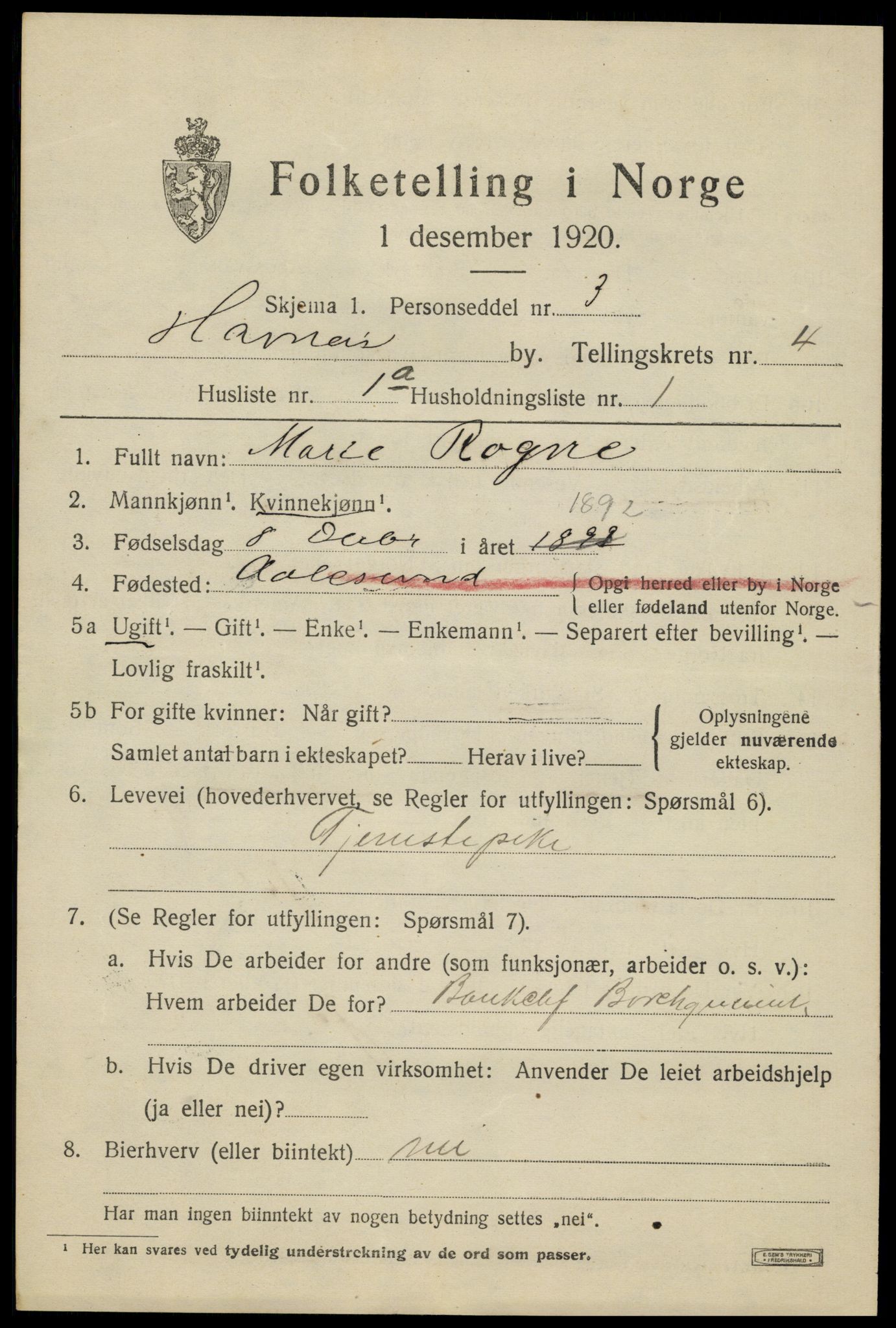 SAH, 1920 census for Hamar, 1920, p. 7799